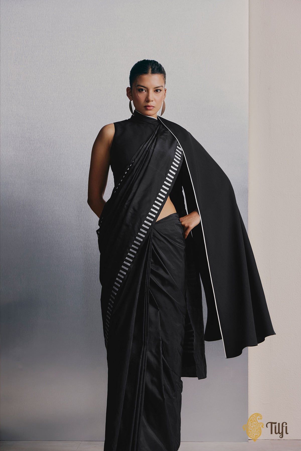 'Piano Keys' Black Pure Katan Silk Banarasi Handloom Saree