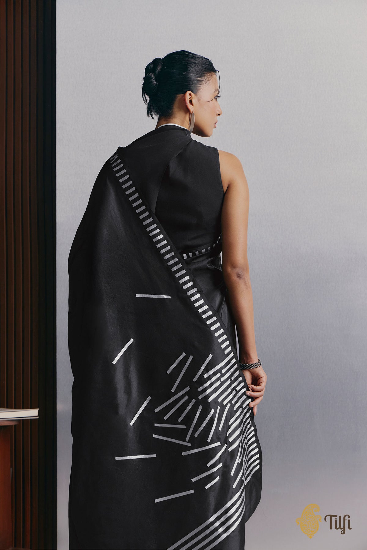 'Piano Keys' Black Pure Katan Silk Banarasi Handloom Saree