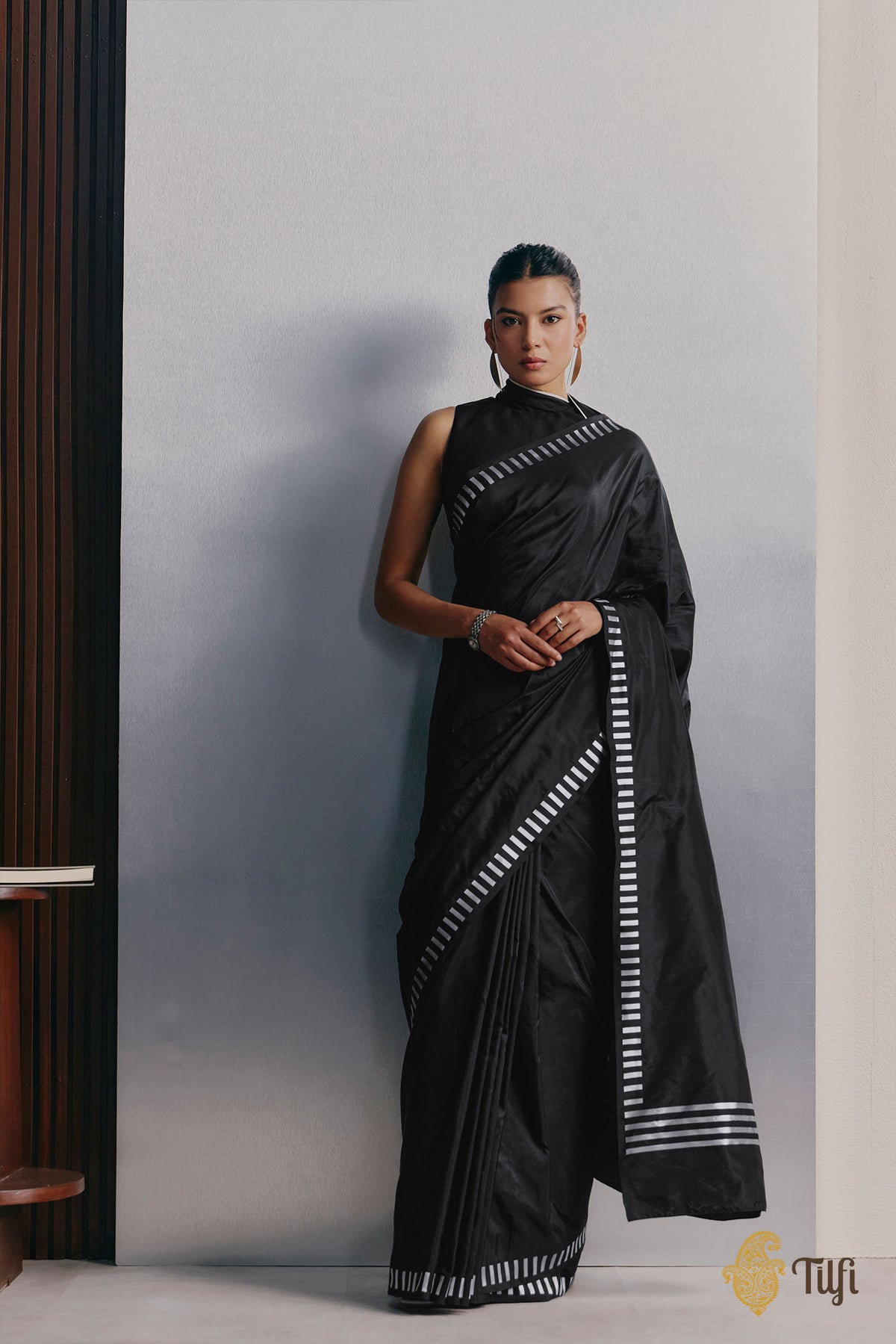 'Piano Keys' Black Pure Katan Silk Banarasi Handloom Saree