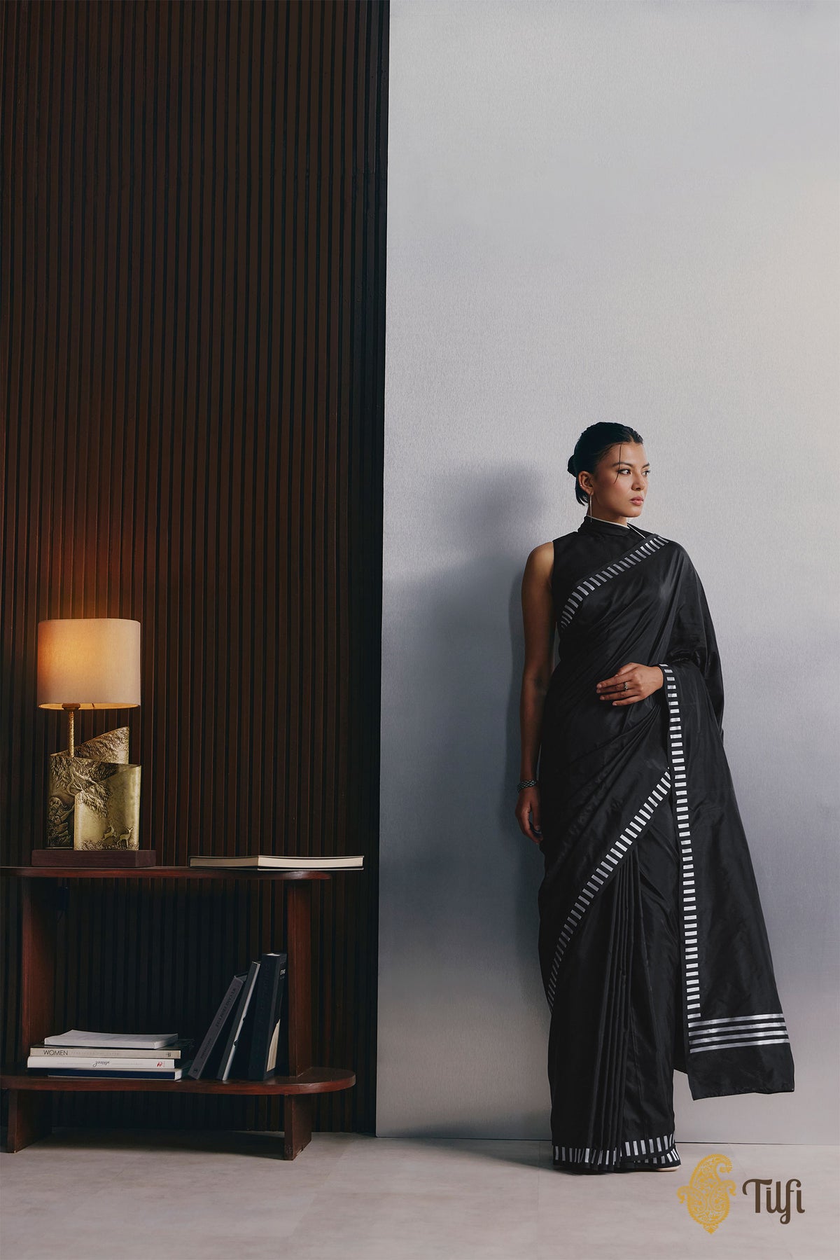 'Piano Keys' Black Pure Katan Silk Banarasi Handloom Saree