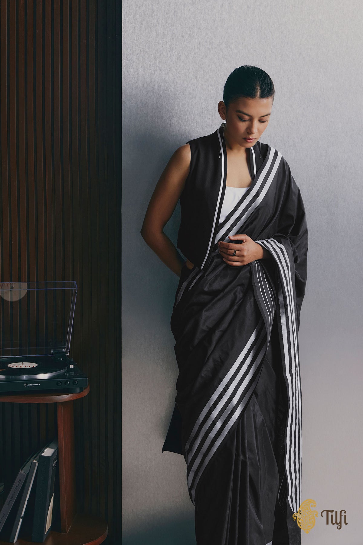 'Sheet Music' Black Pure Katan Silk Banarasi Handloom Saree