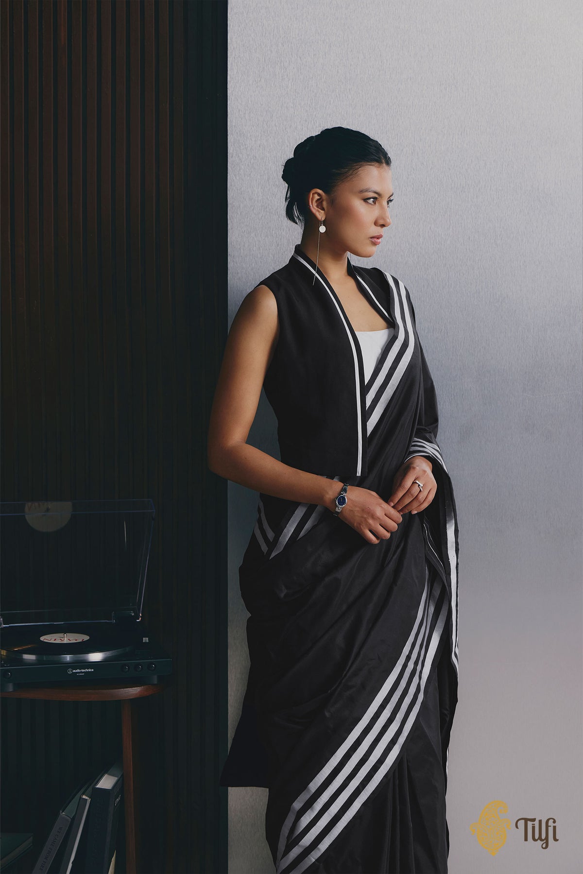 'Sheet Music' Black Pure Katan Silk Banarasi Handloom Saree