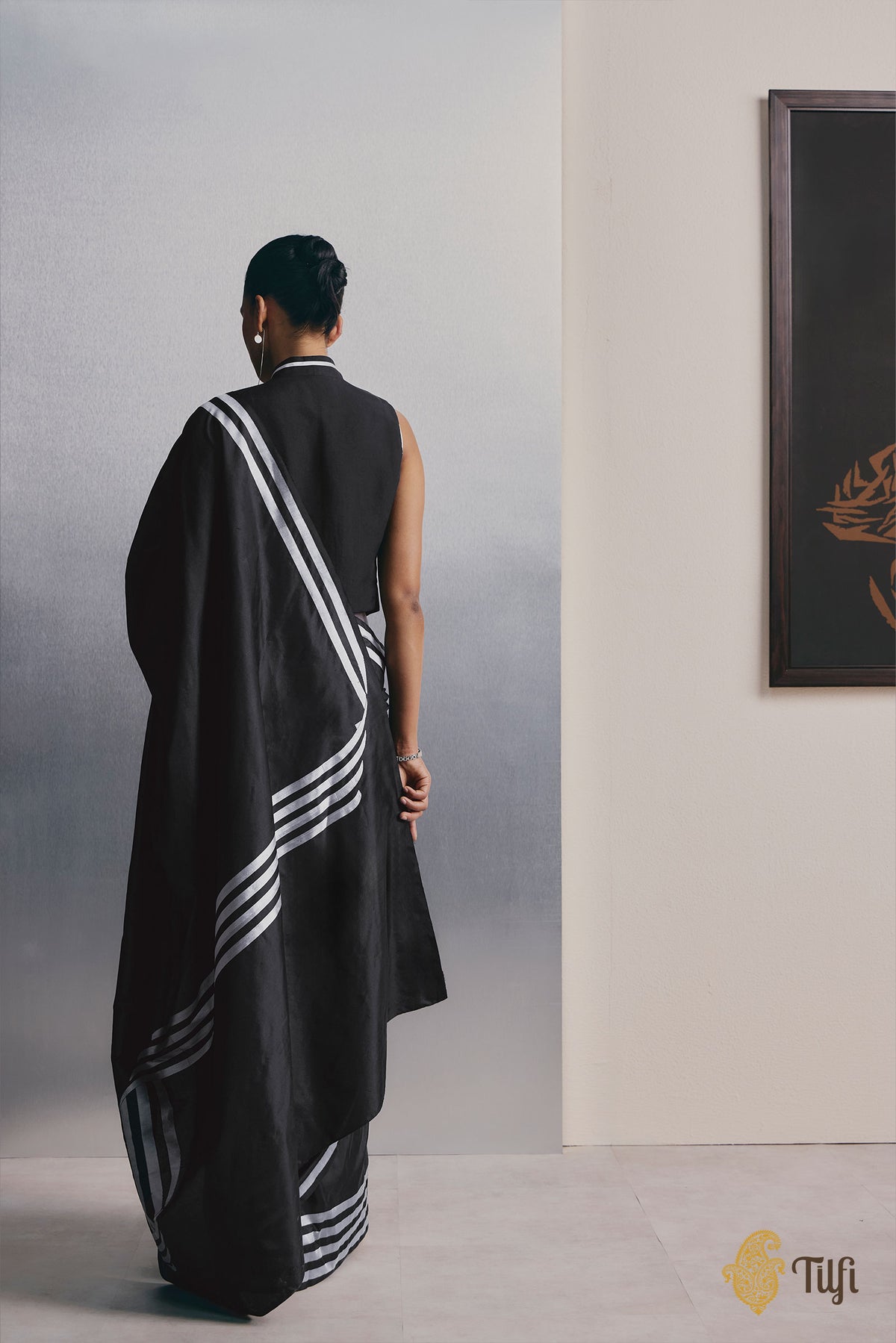 'Sheet Music' Black Pure Katan Silk Banarasi Handloom Saree