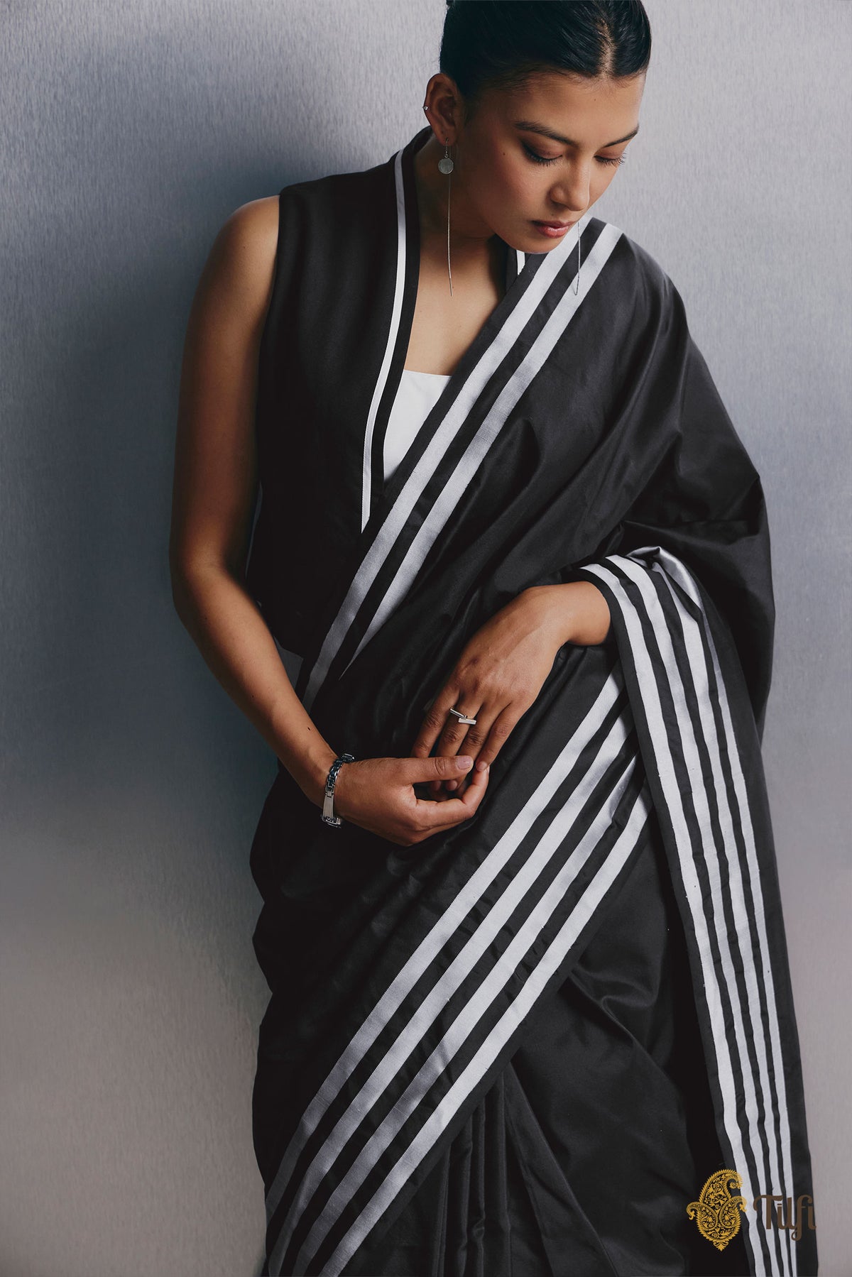 'Sheet Music' Black Pure Katan Silk Banarasi Handloom Saree