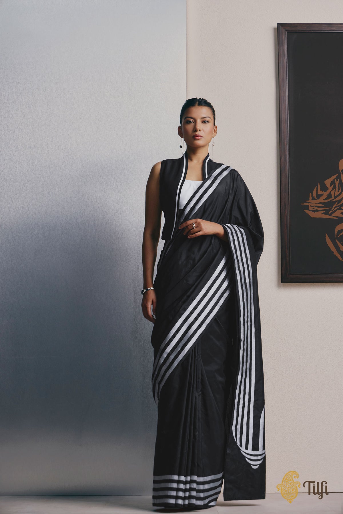 'Sheet Music' Black Pure Katan Silk Banarasi Handloom Saree