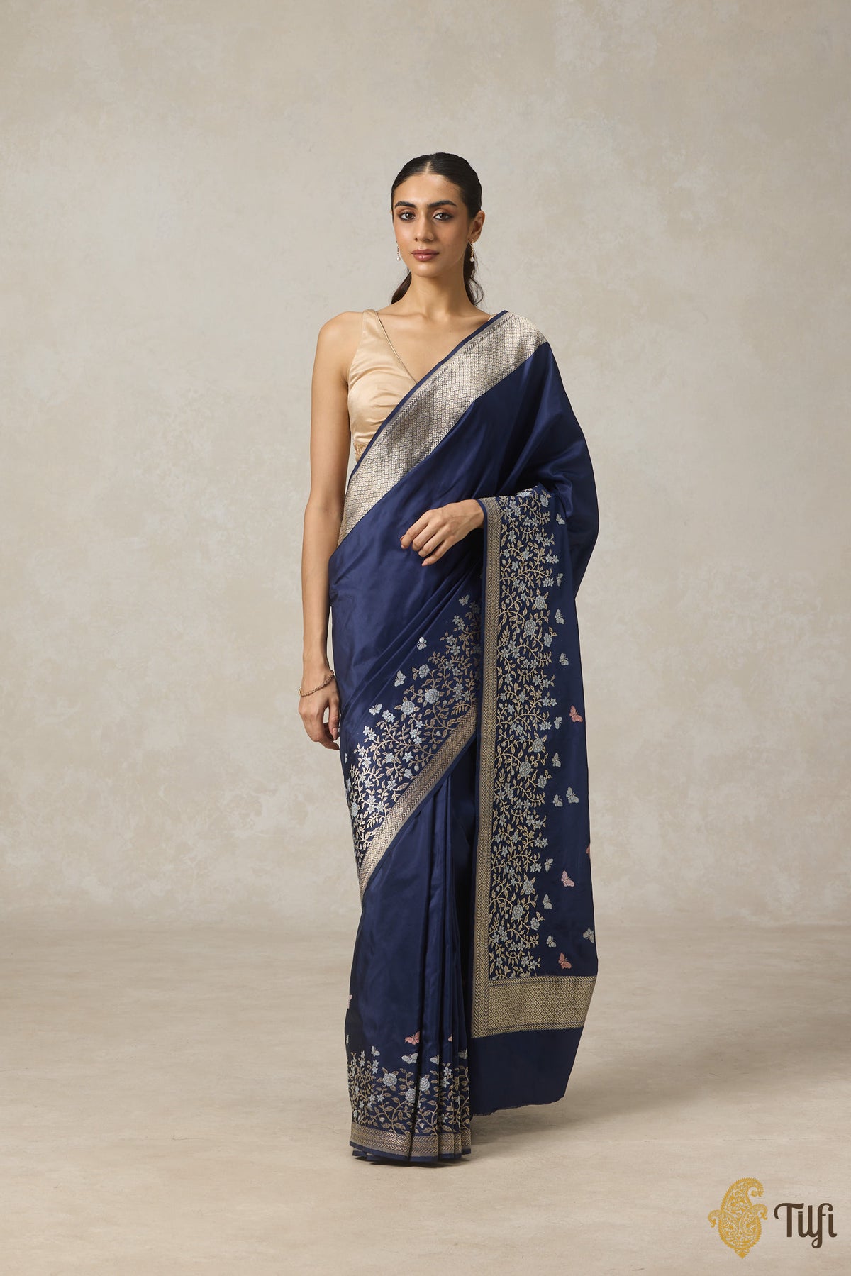 &#39;Butterflies among Wildflowers&#39; Navy Blue Pure Katan Silk Banarasi Handloom Saree