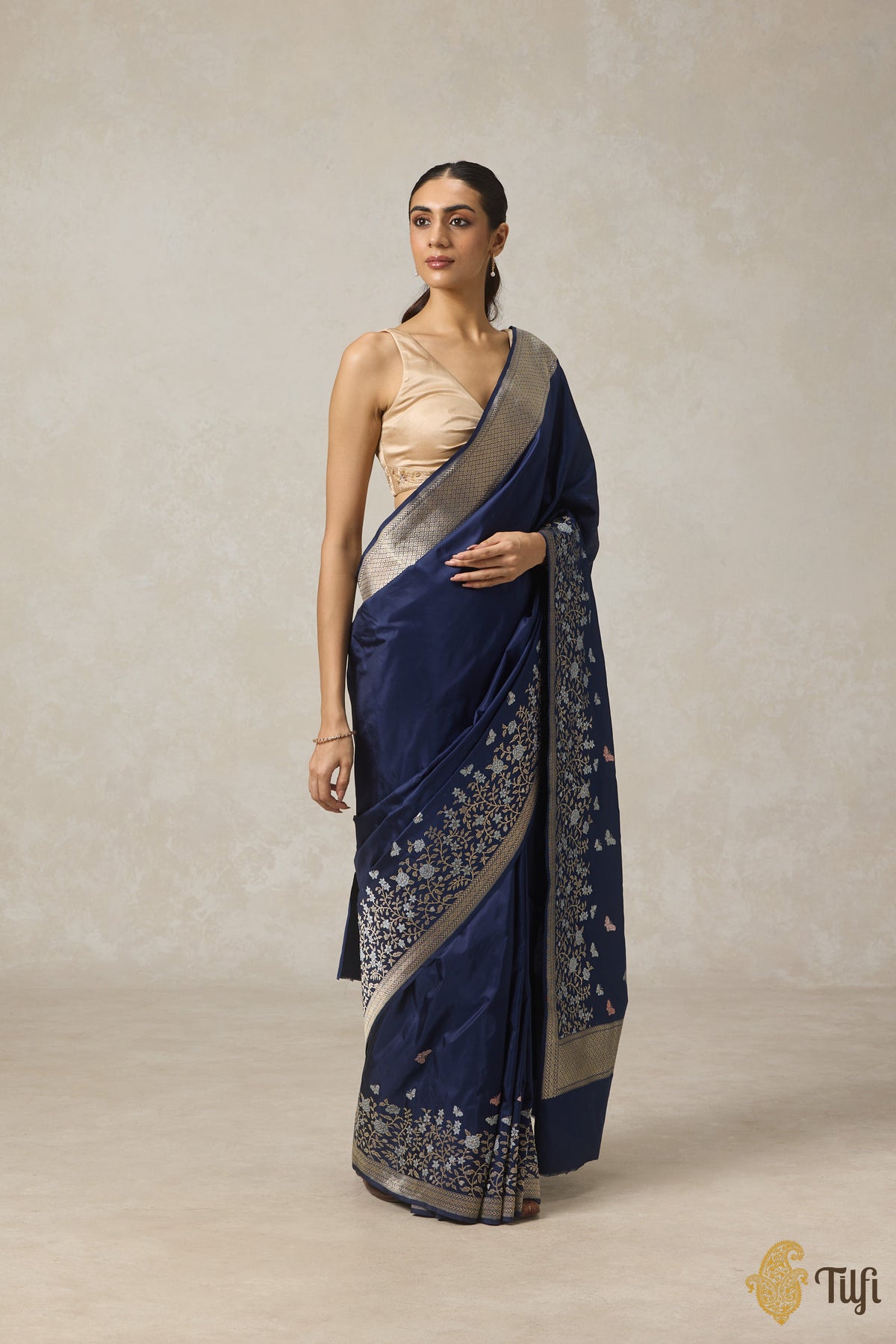 &#39;Butterflies among Wildflowers&#39; Navy Blue Pure Katan Silk Banarasi Handloom Saree