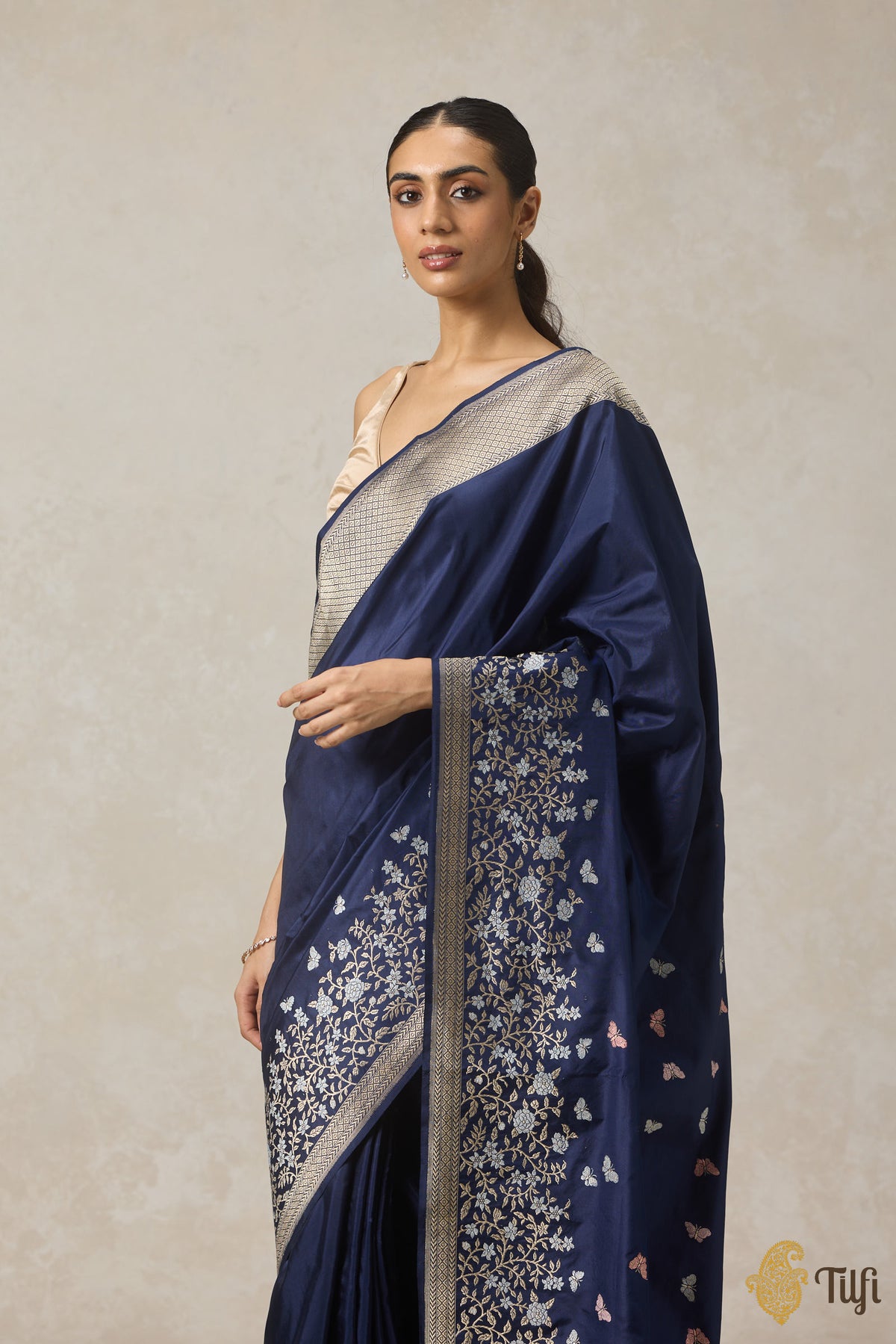 &#39;Butterflies among Wildflowers&#39; Navy Blue Pure Katan Silk Banarasi Handloom Saree