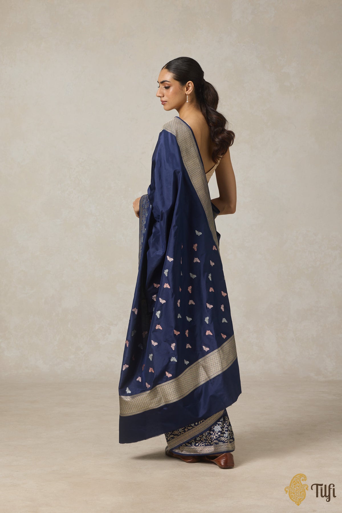 &#39;Butterflies among Wildflowers&#39; Navy Blue Pure Katan Silk Banarasi Handloom Saree