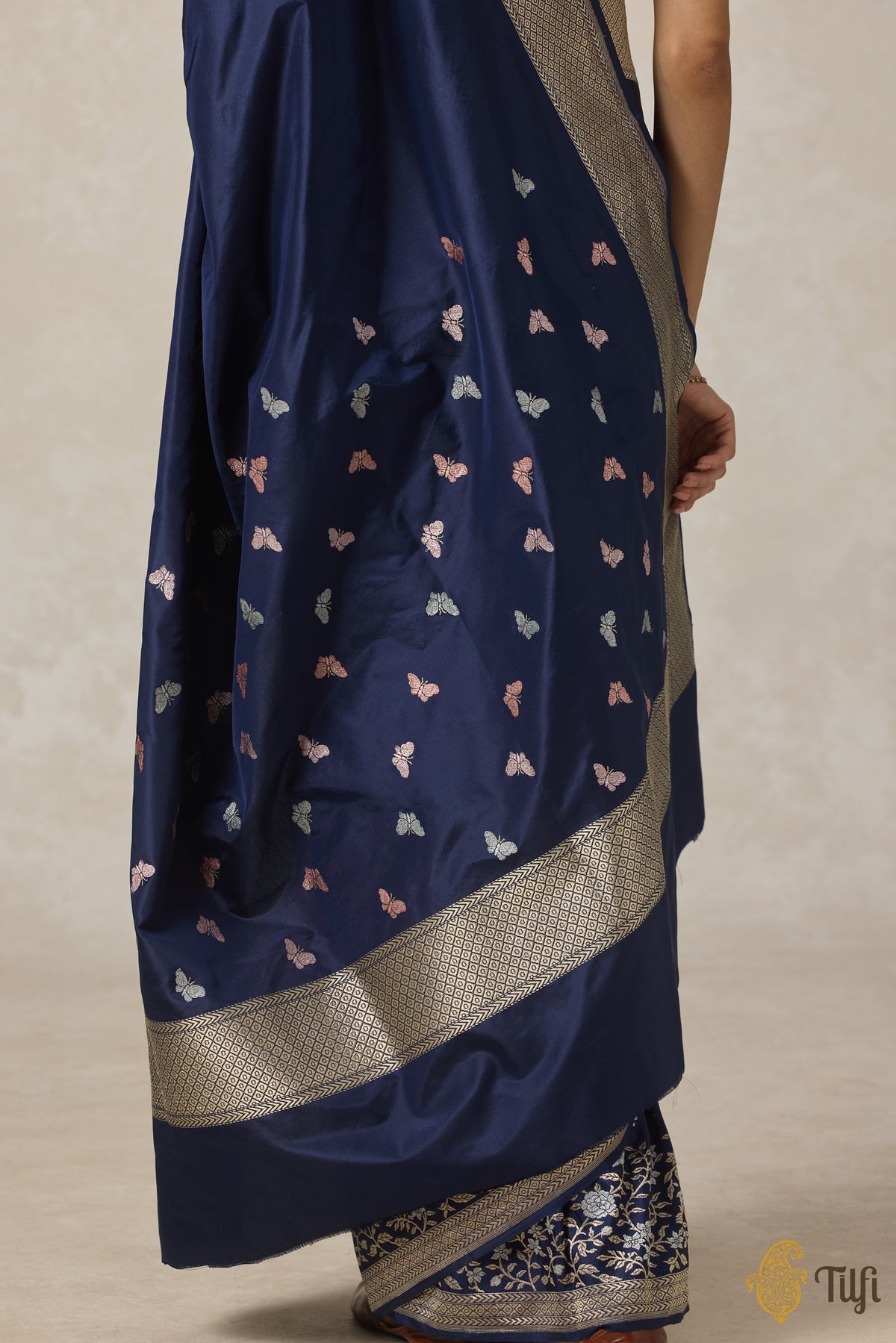 &#39;Butterflies among Wildflowers&#39; Navy Blue Pure Katan Silk Banarasi Handloom Saree