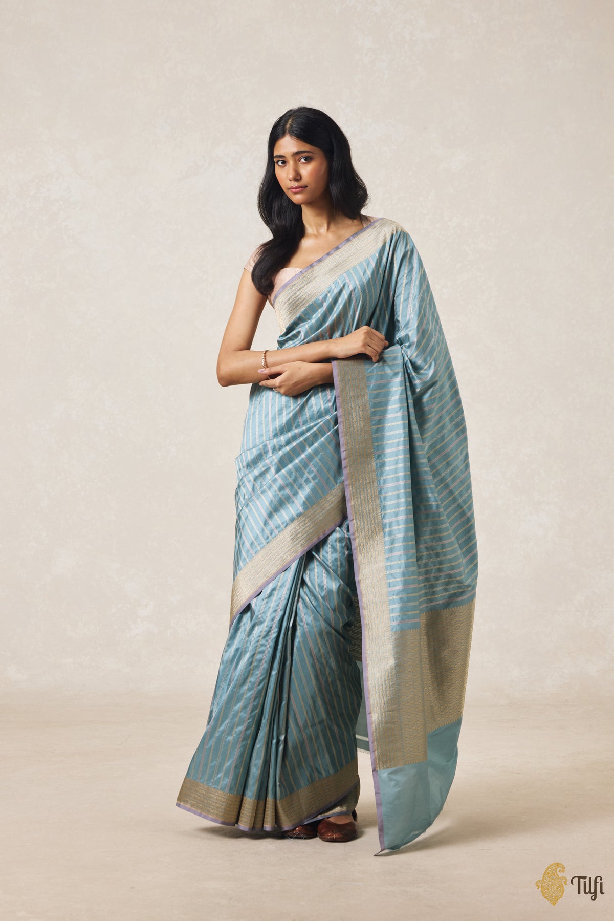 Dusty Blue Pure Katan Silk Banarasi Handloom Saree