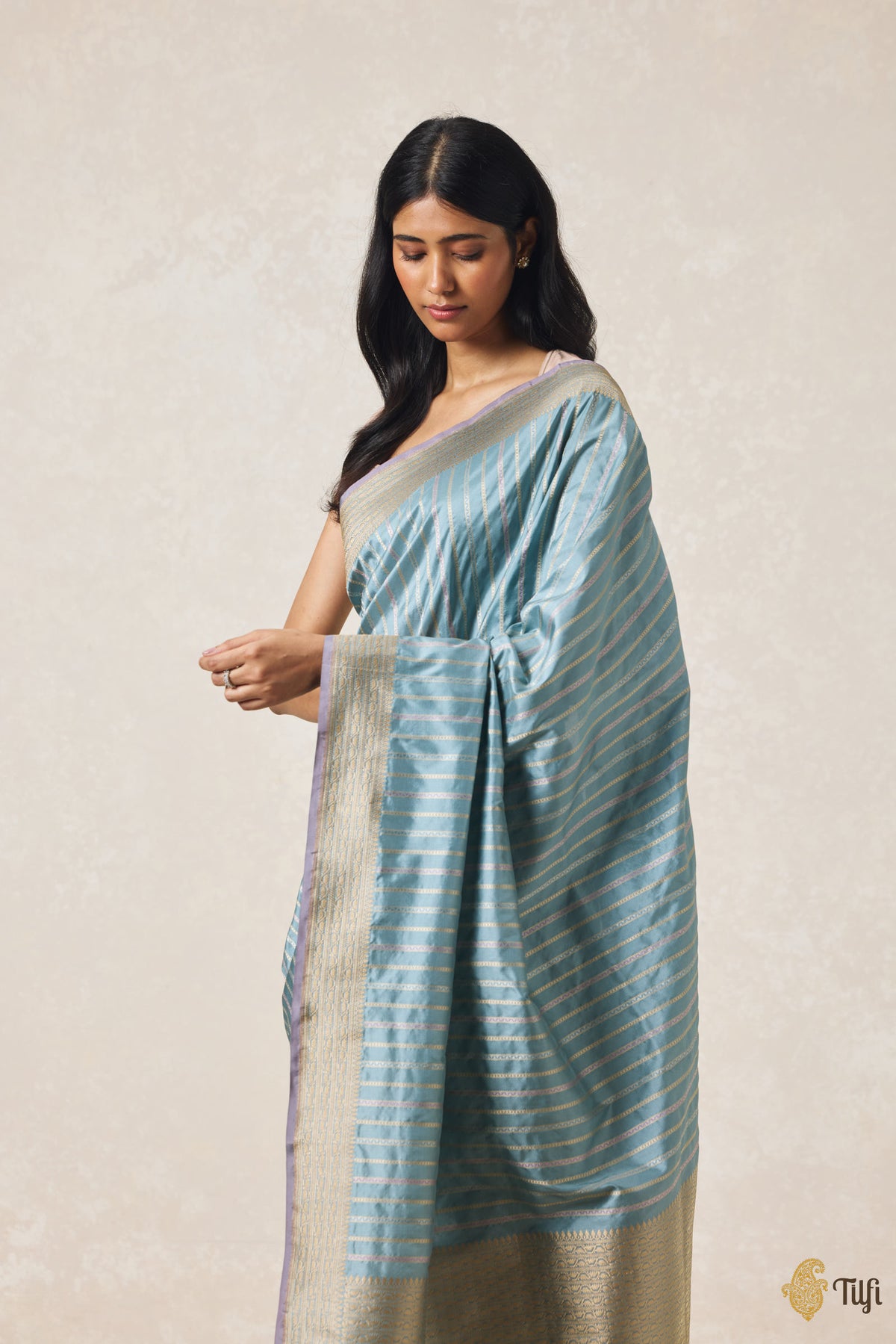 Dusty Blue Pure Katan Silk Banarasi Handloom Saree