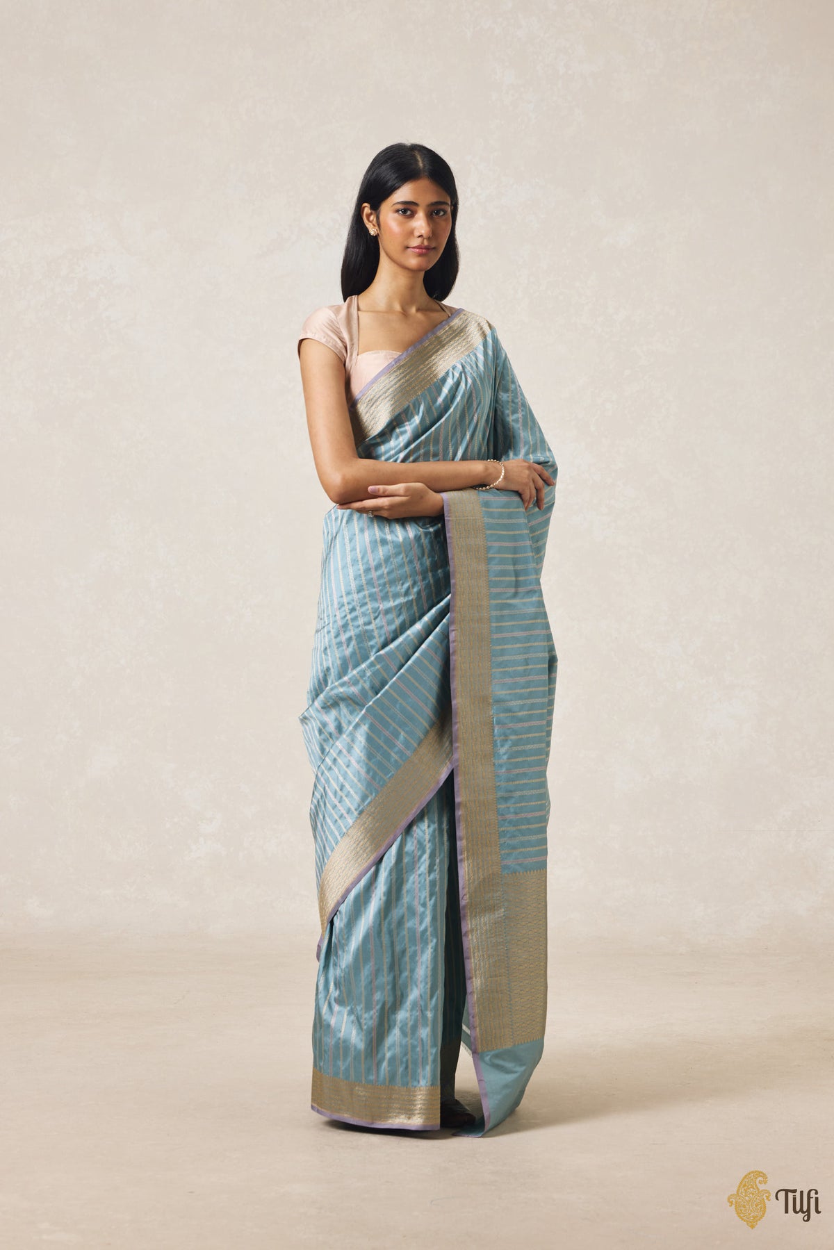 Dusty Blue Pure Katan Silk Banarasi Handloom Saree
