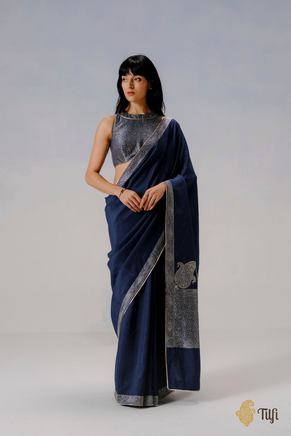 'Abha' Navy Blue Pure Katan Silk Banarasi Handloom Saree