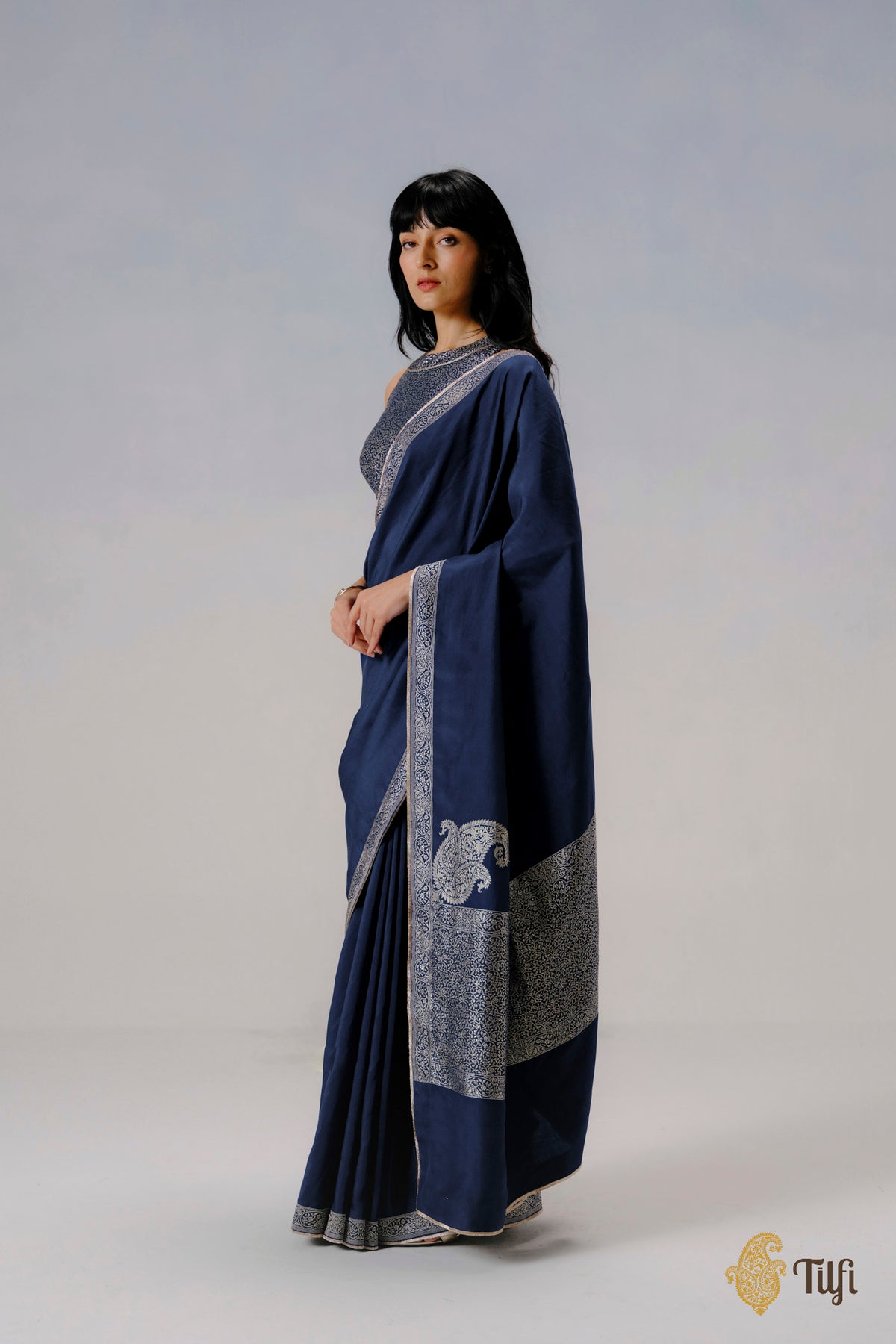 'Abha' Navy Blue Pure Katan Silk Banarasi Handloom Saree