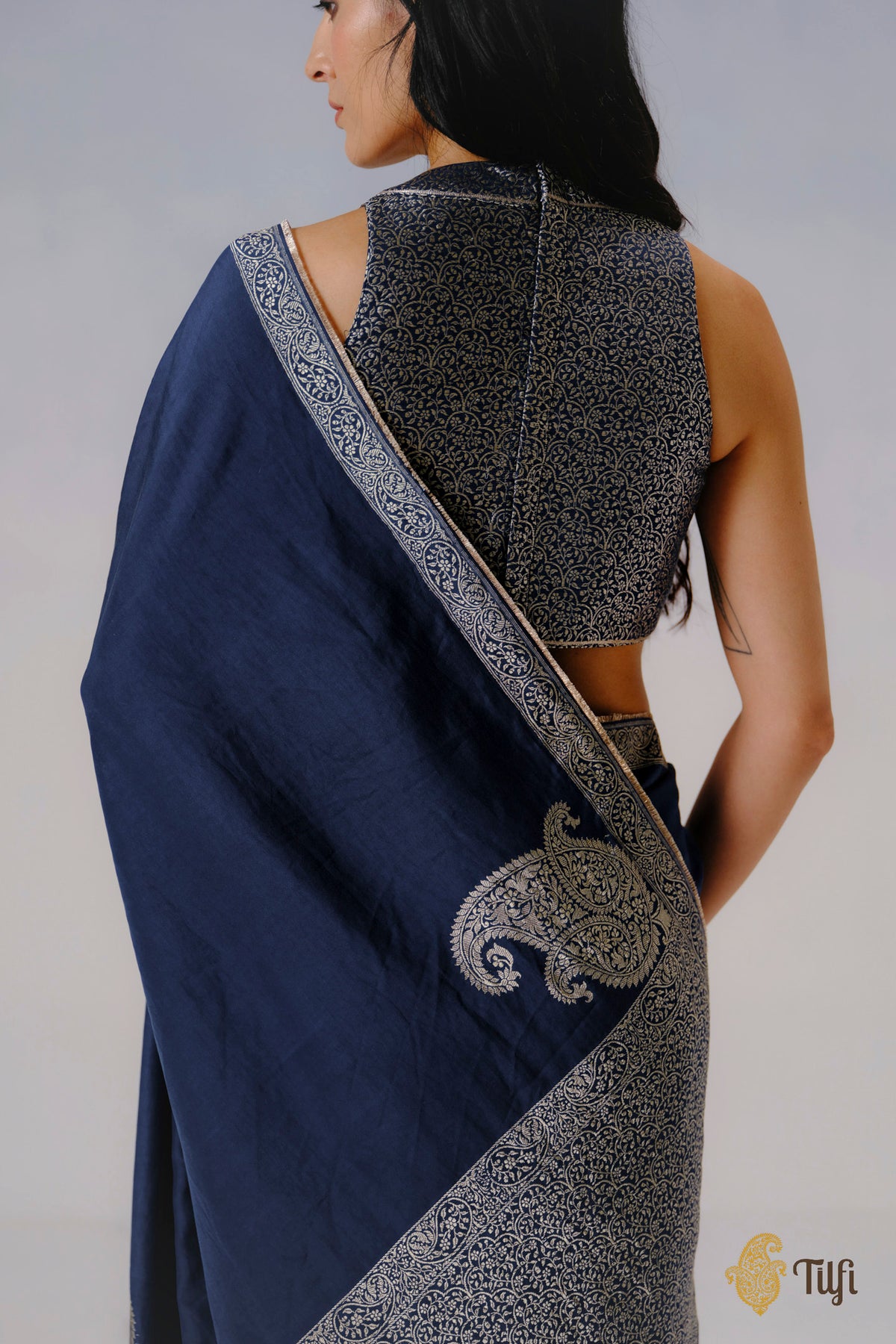 'Abha' Navy Blue Pure Katan Silk Banarasi Handloom Saree