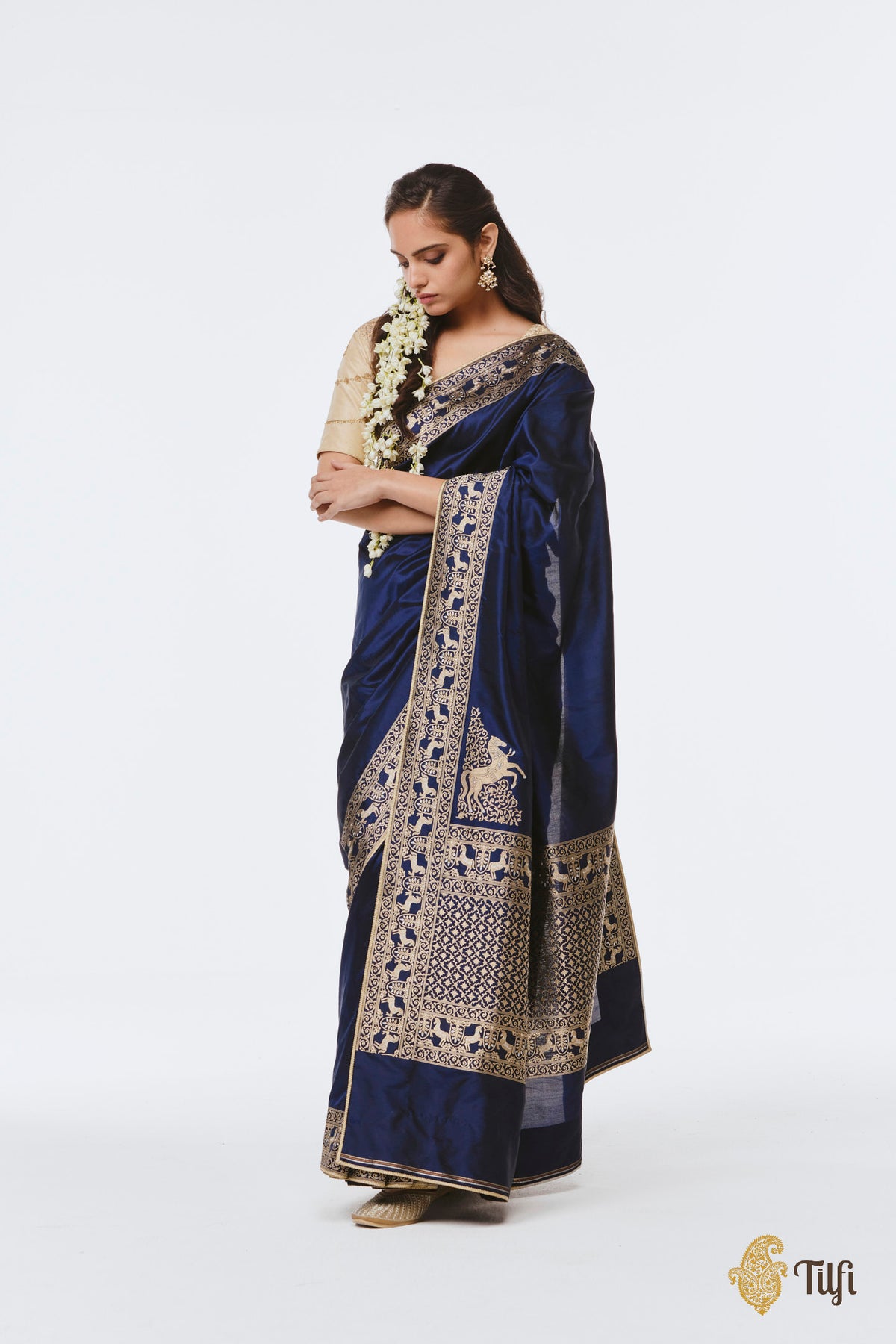 Pre-Order: 'Jaya' Navy Blue Pure Katan Silk Banarasi Handloom Saree