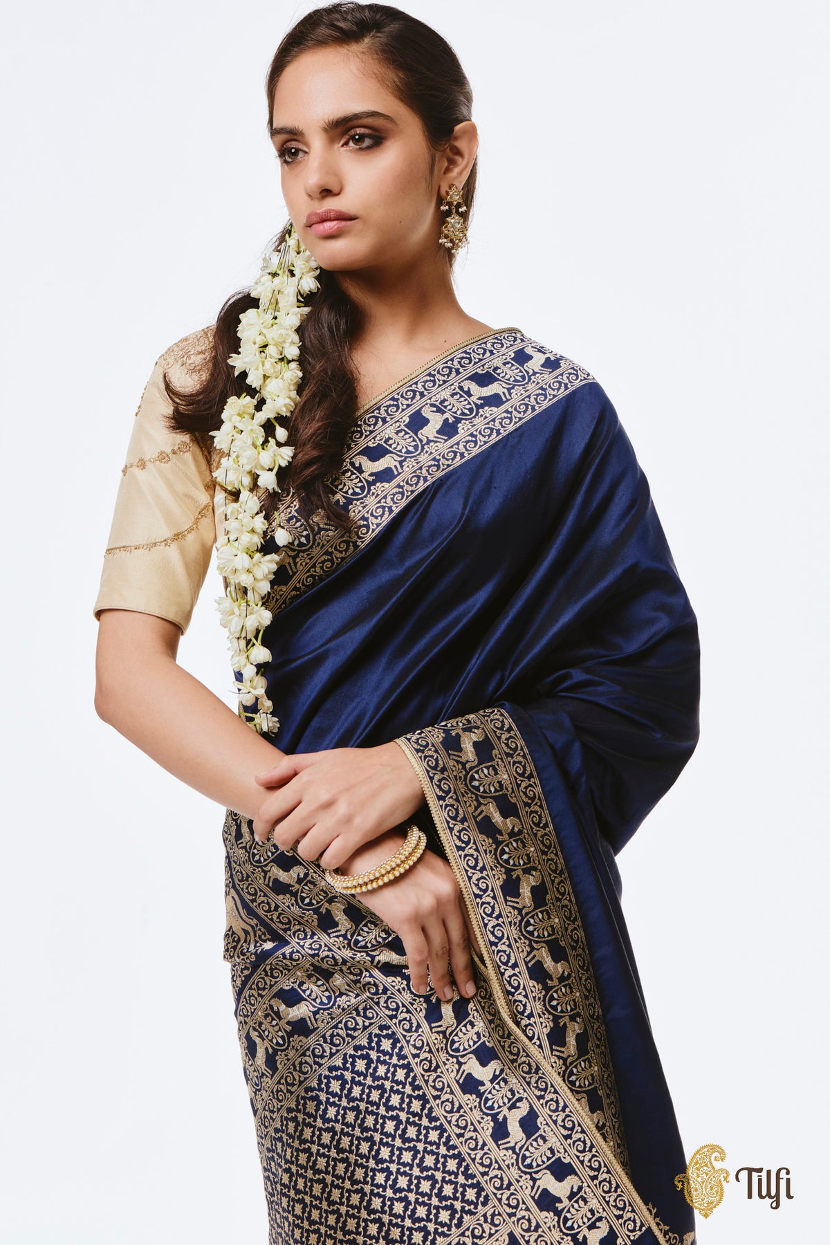 Pre-Order: 'Jaya' Navy Blue Pure Katan Silk Banarasi Handloom Saree