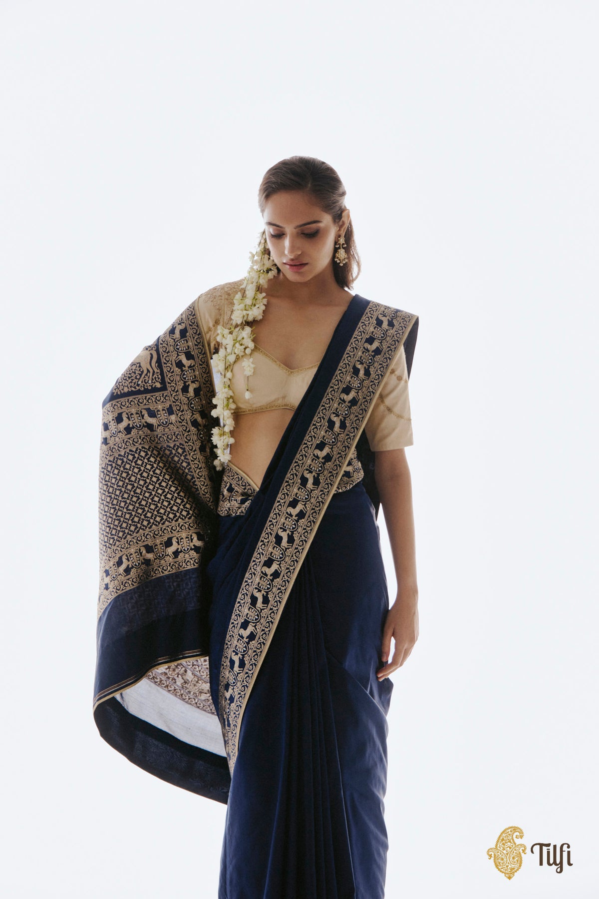 Pre-Order: 'Jaya' Navy Blue Pure Katan Silk Banarasi Handloom Saree