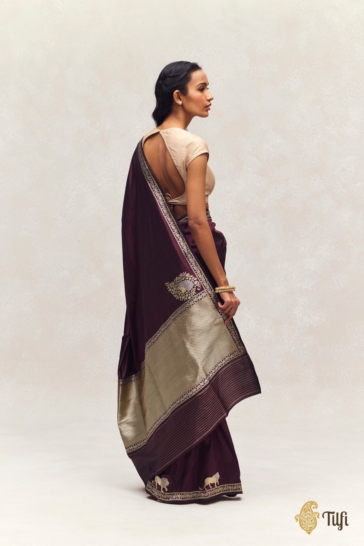 'Pride of Lions' Brown Pure Katan Silk Banarasi Shikargah Handloom Saree