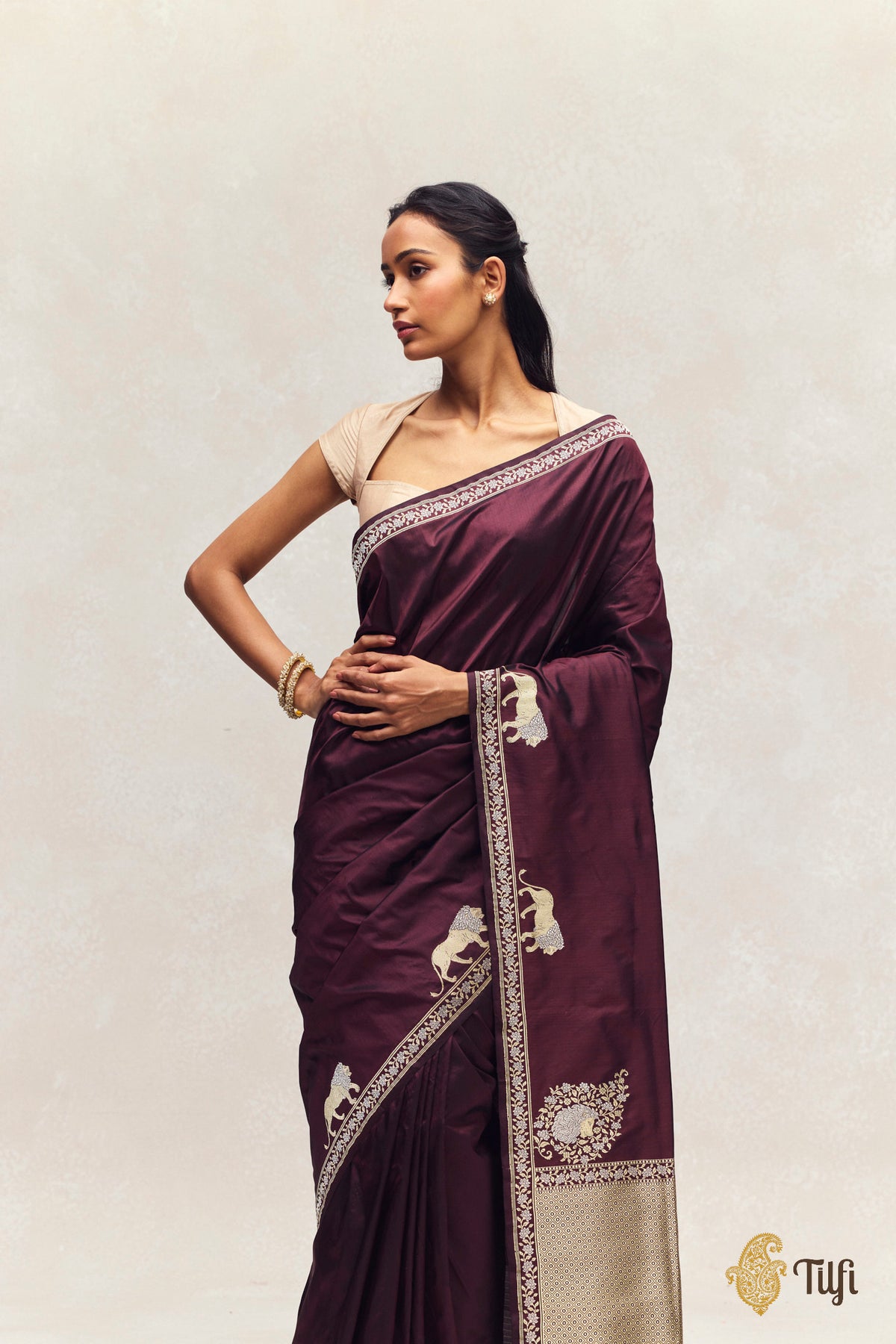 'Pride of Lions' Brown Pure Katan Silk Banarasi Shikargah Handloom Saree