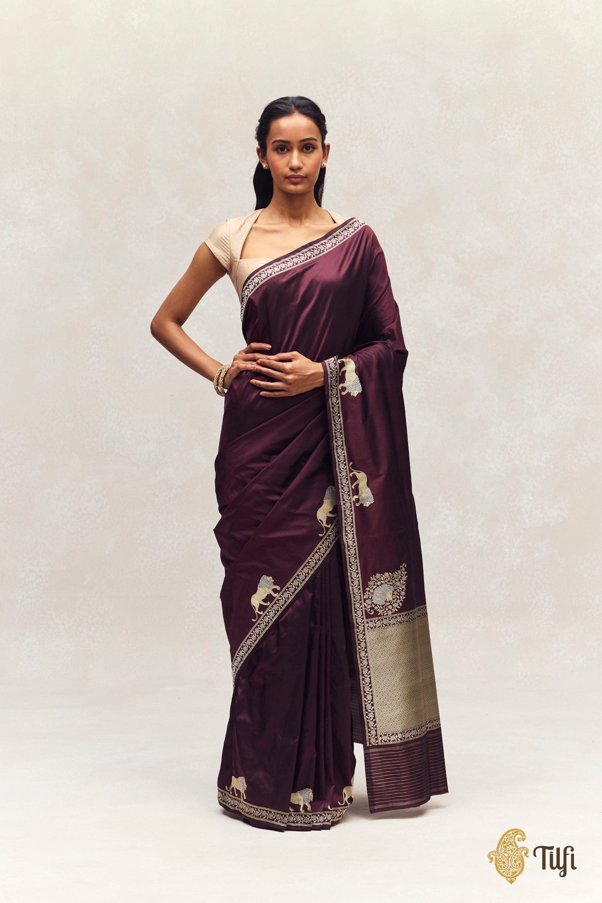'Pride of Lions' Brown Pure Katan Silk Banarasi Shikargah Handloom Saree