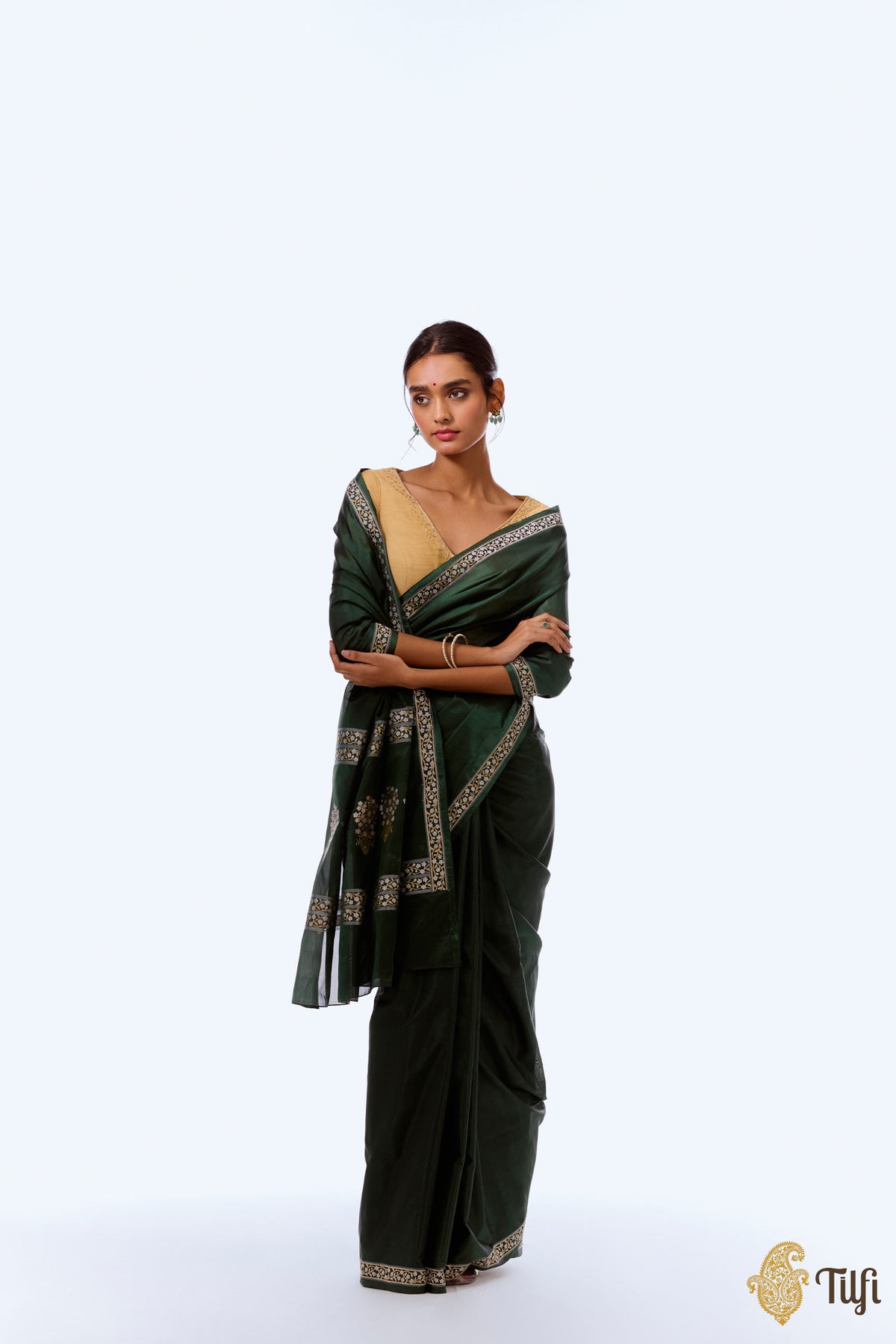 &#39;Kamalika Raag&#39; Moss Green Pure Katan Silk Georgette Banarasi Handloom Saree