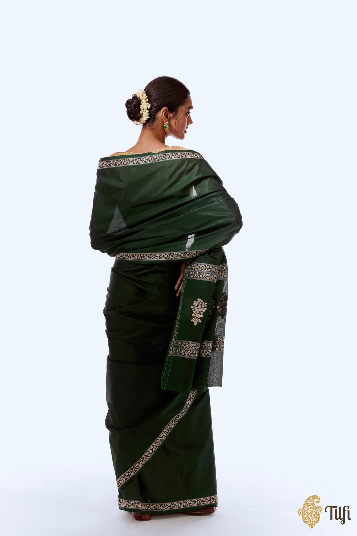 &#39;Kamalika Raag&#39; Moss Green Pure Katan Silk Georgette Banarasi Handloom Saree