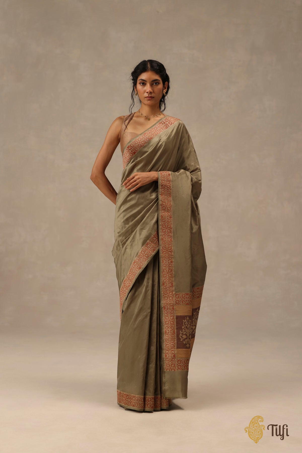 'Alba' Olive Green Pure Katan Gheecha Silk Banarasi Handloom Saree