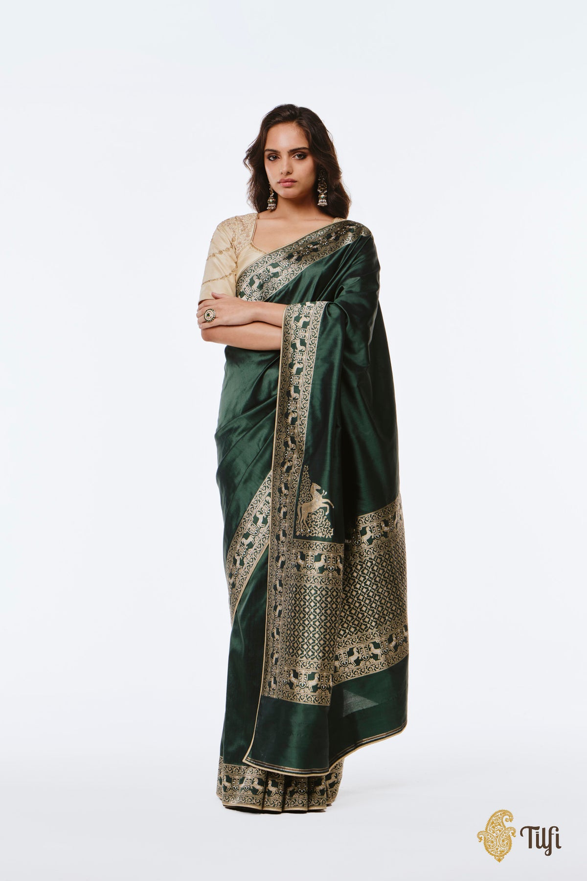 Pre-Order: 'Jaya' Green Pure Katan Silk Banarasi Handloom Saree
