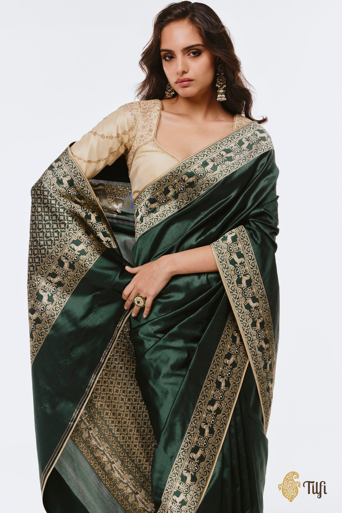 Pre-Order: 'Jaya' Green Pure Katan Silk Banarasi Handloom Saree
