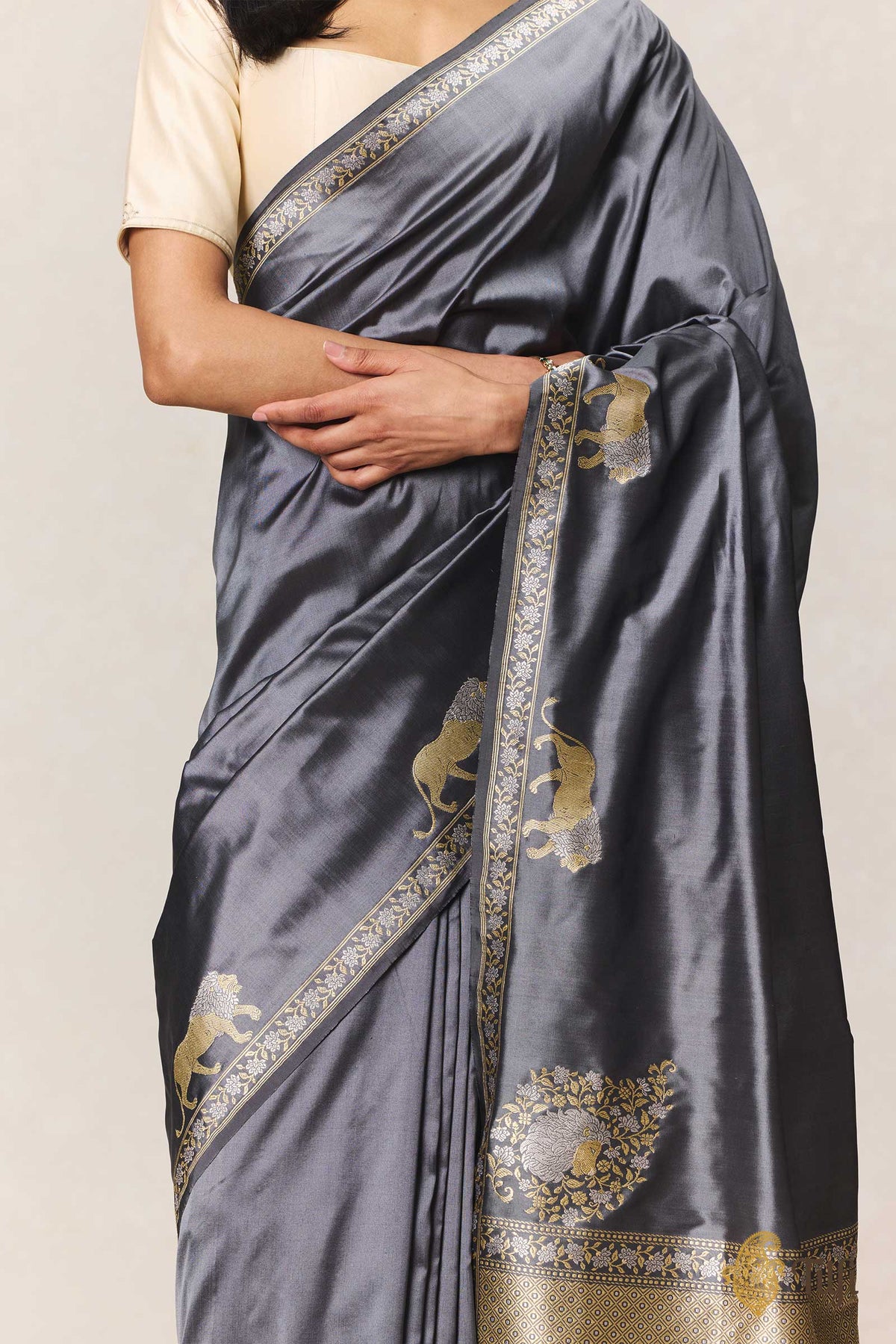 'Pride of Lions' Charcoal Gray Pure Katan Silk Banarasi Shikargah Handloom Saree