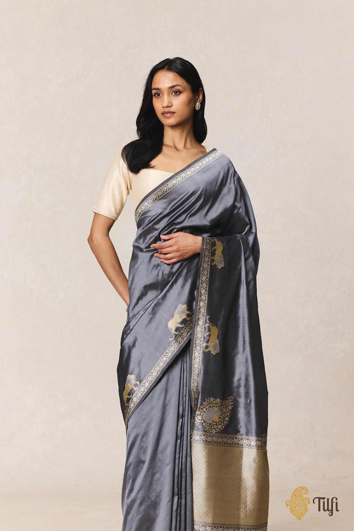 'Pride of Lions' Charcoal Gray Pure Katan Silk Banarasi Shikargah Handloom Saree