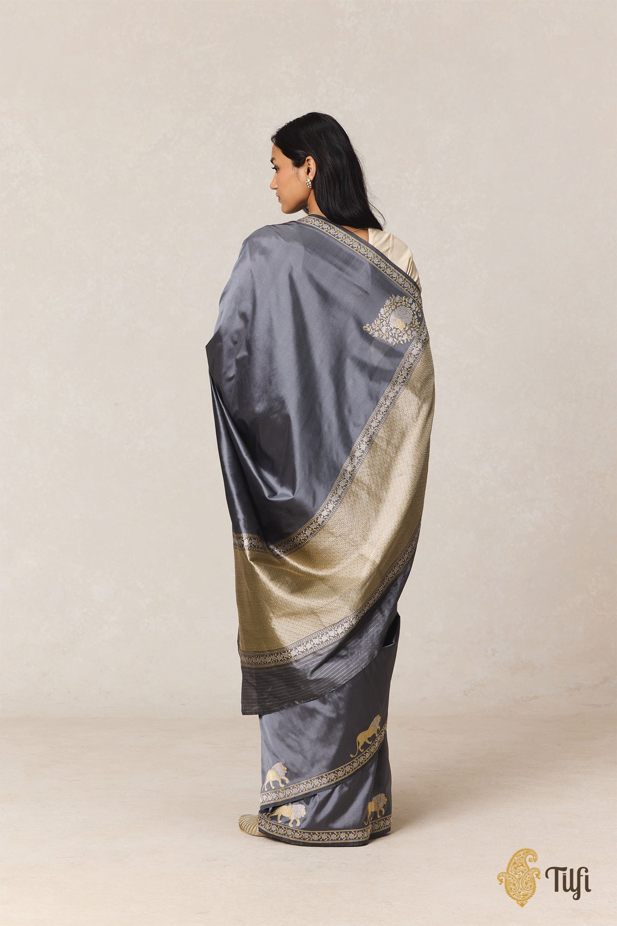 'Pride of Lions' Charcoal Gray Pure Katan Silk Banarasi Shikargah Handloom Saree
