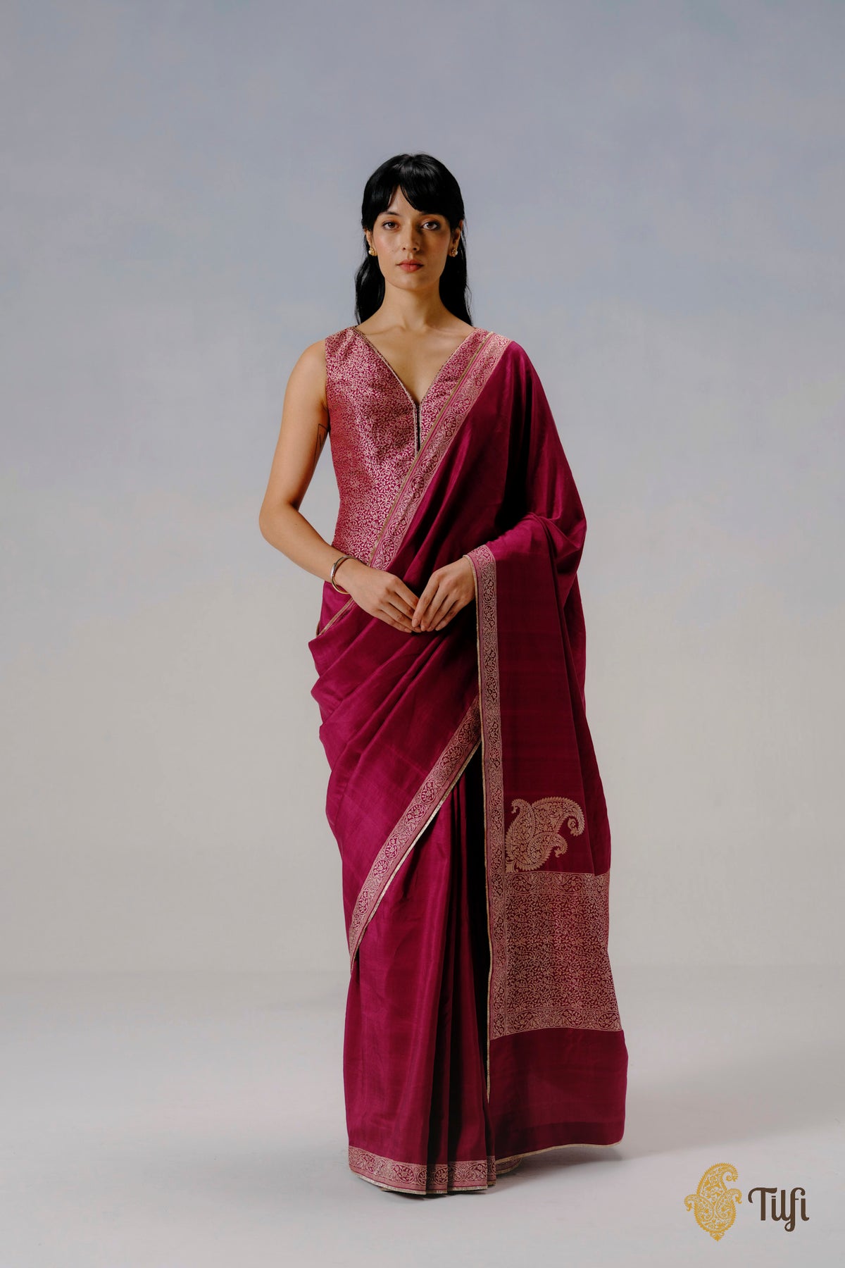 'Abha' Magenta Pure Katan Silk Banarasi Handloom Saree