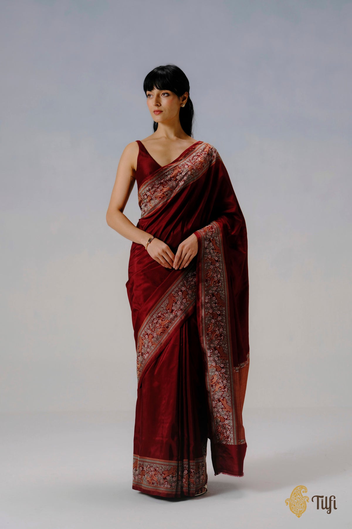 Pre-Order: 'Forest Floor' Maroon Pure Katan Silk Banarasi Shikargah Handloom Saree