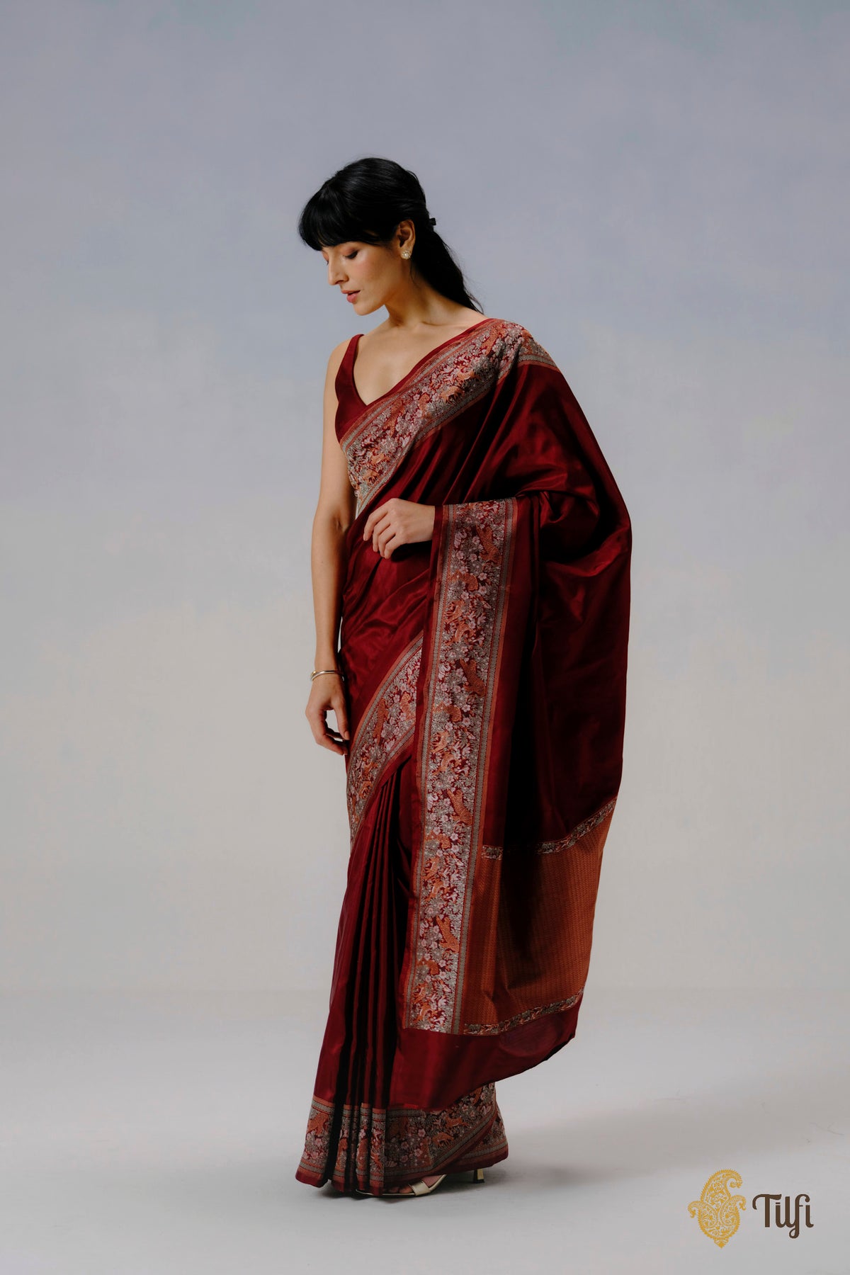 Pre-Order: 'Forest Floor' Maroon Pure Katan Silk Banarasi Shikargah Handloom Saree