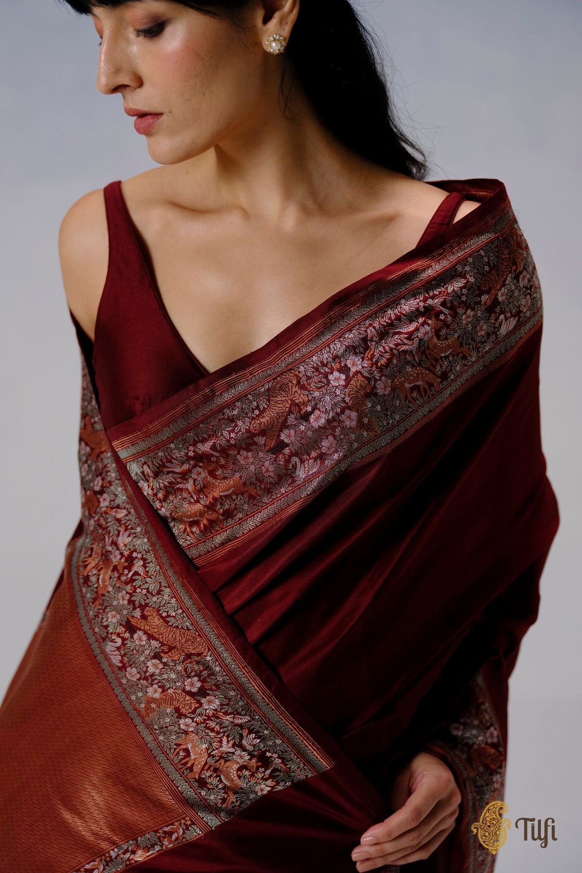 Pre-Order: 'Forest Floor' Maroon Pure Katan Silk Banarasi Shikargah Handloom Saree