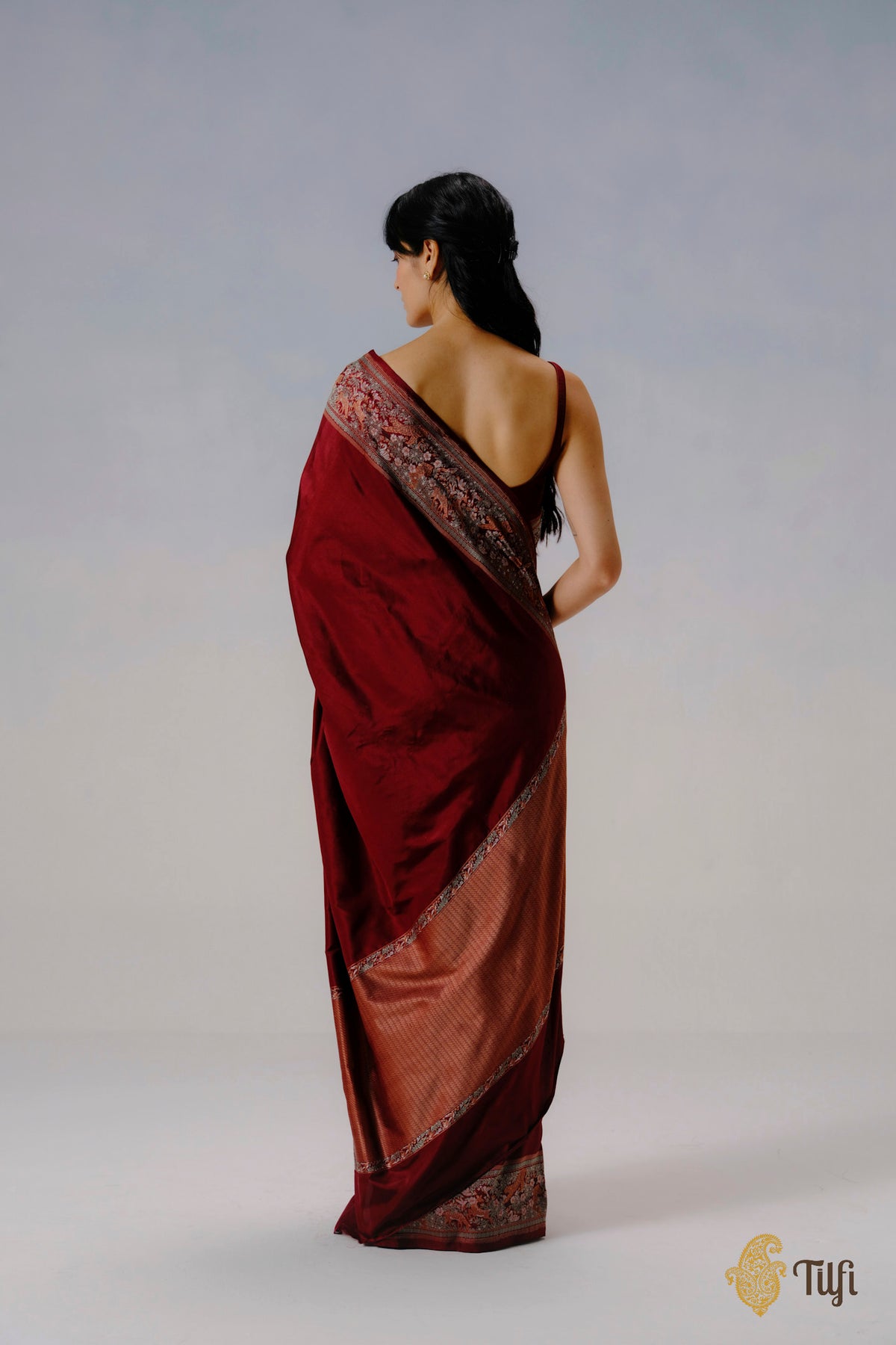 Pre-Order: 'Forest Floor' Maroon Pure Katan Silk Banarasi Shikargah Handloom Saree