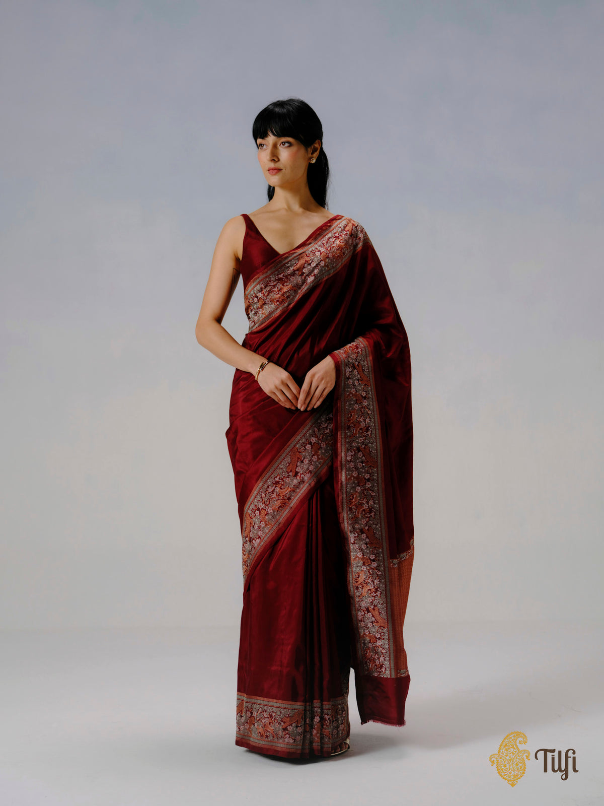 'Forest Floor' Maroon Pure Katan Silk Banarasi Shikargah Handloom Saree