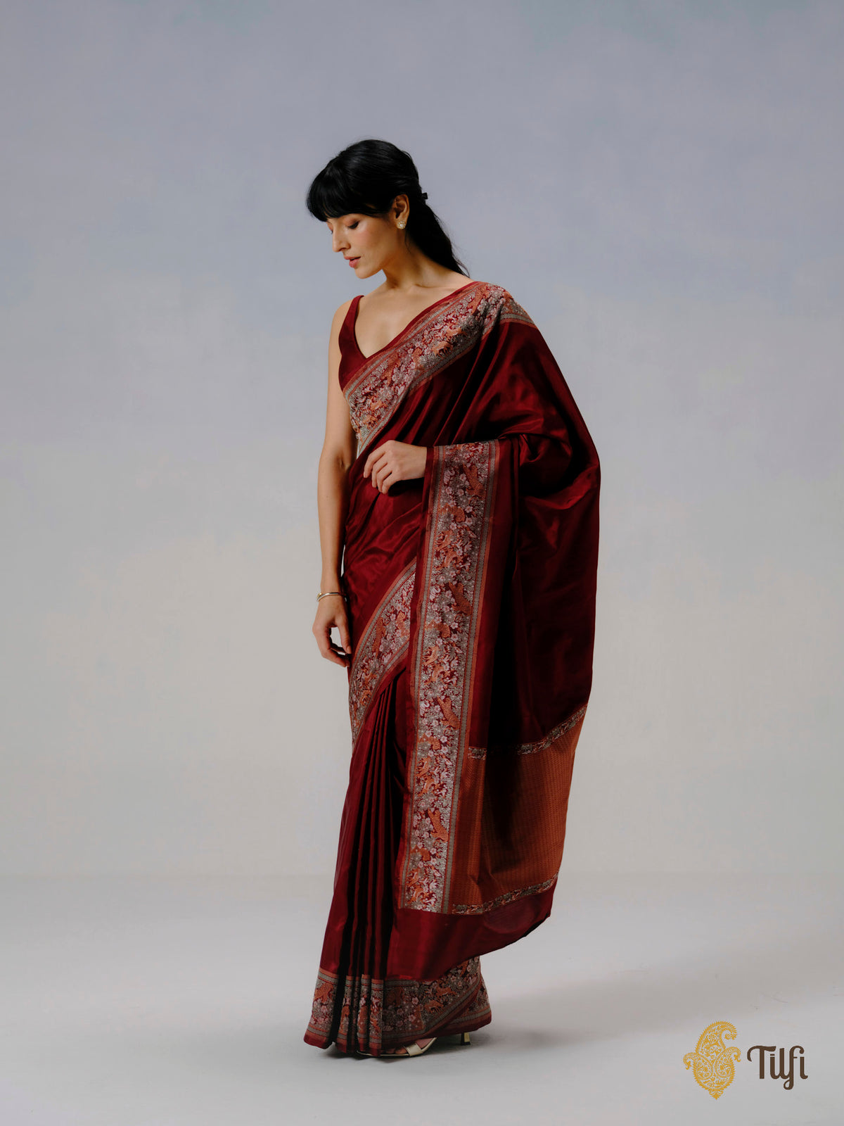 'Forest Floor' Maroon Pure Katan Silk Banarasi Shikargah Handloom Saree