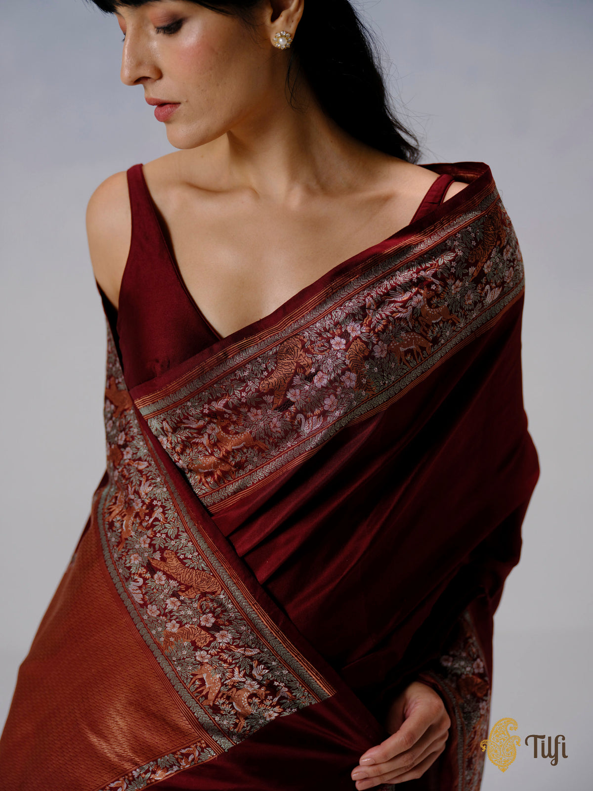 'Forest Floor' Maroon Pure Katan Silk Banarasi Shikargah Handloom Saree