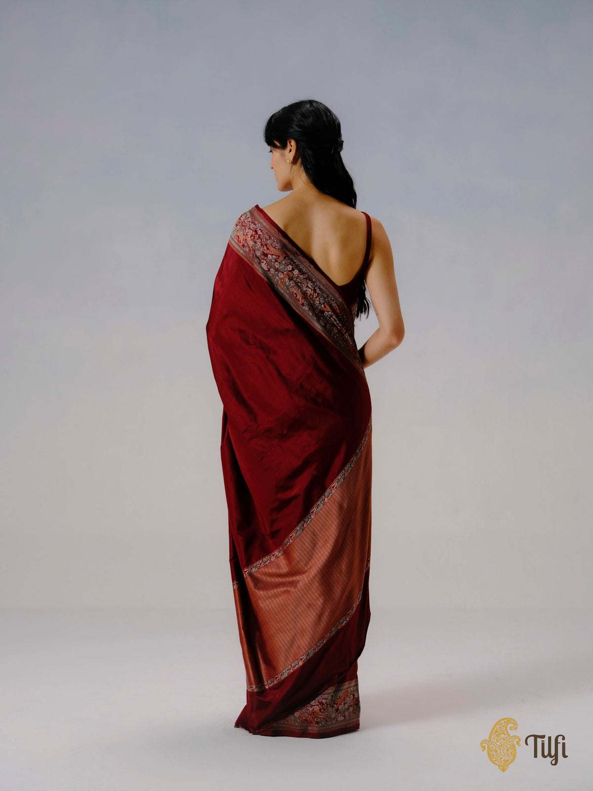 'Forest Floor' Maroon Pure Katan Silk Banarasi Shikargah Handloom Saree