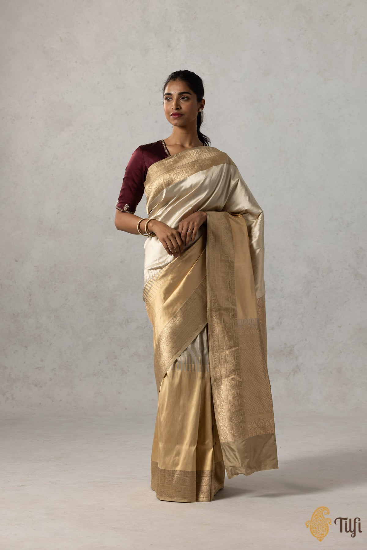 Beige-Gold Pure Katan Silk Banarasi Handloom Saree