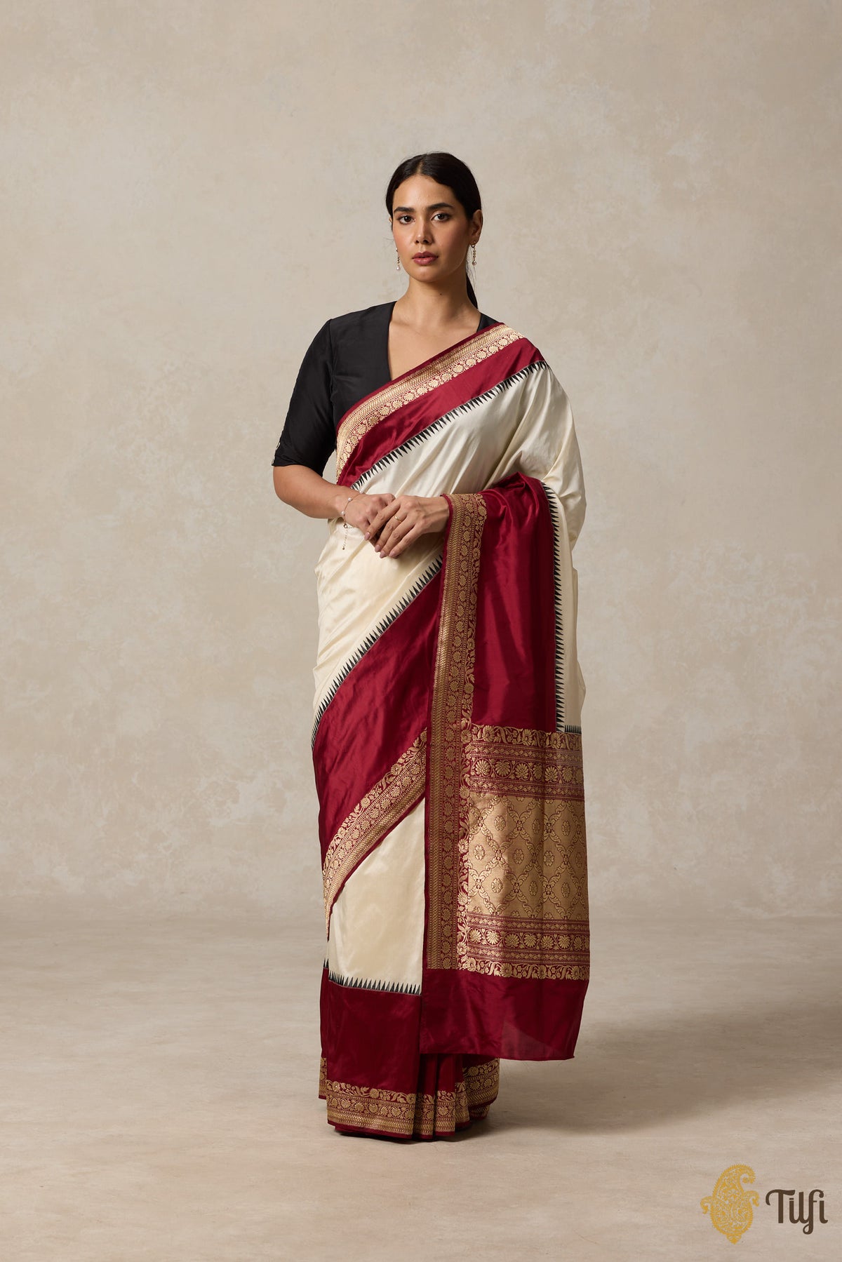 Pre-Order: Off-White-Maroon Pure Katan Silk Banarasi Handloom Saree