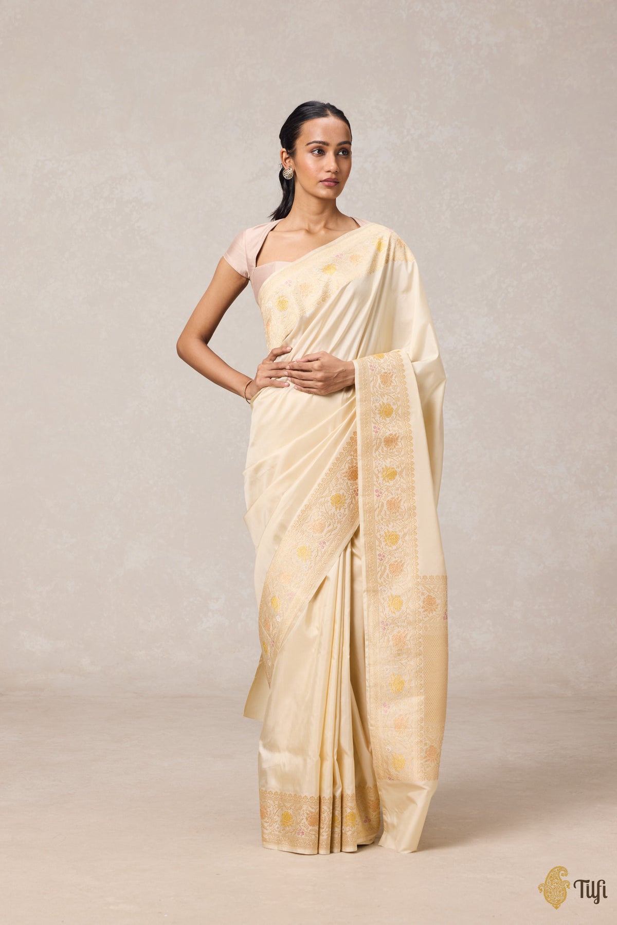 Cream Pure Katan Silk Banarasi Handloom Saree