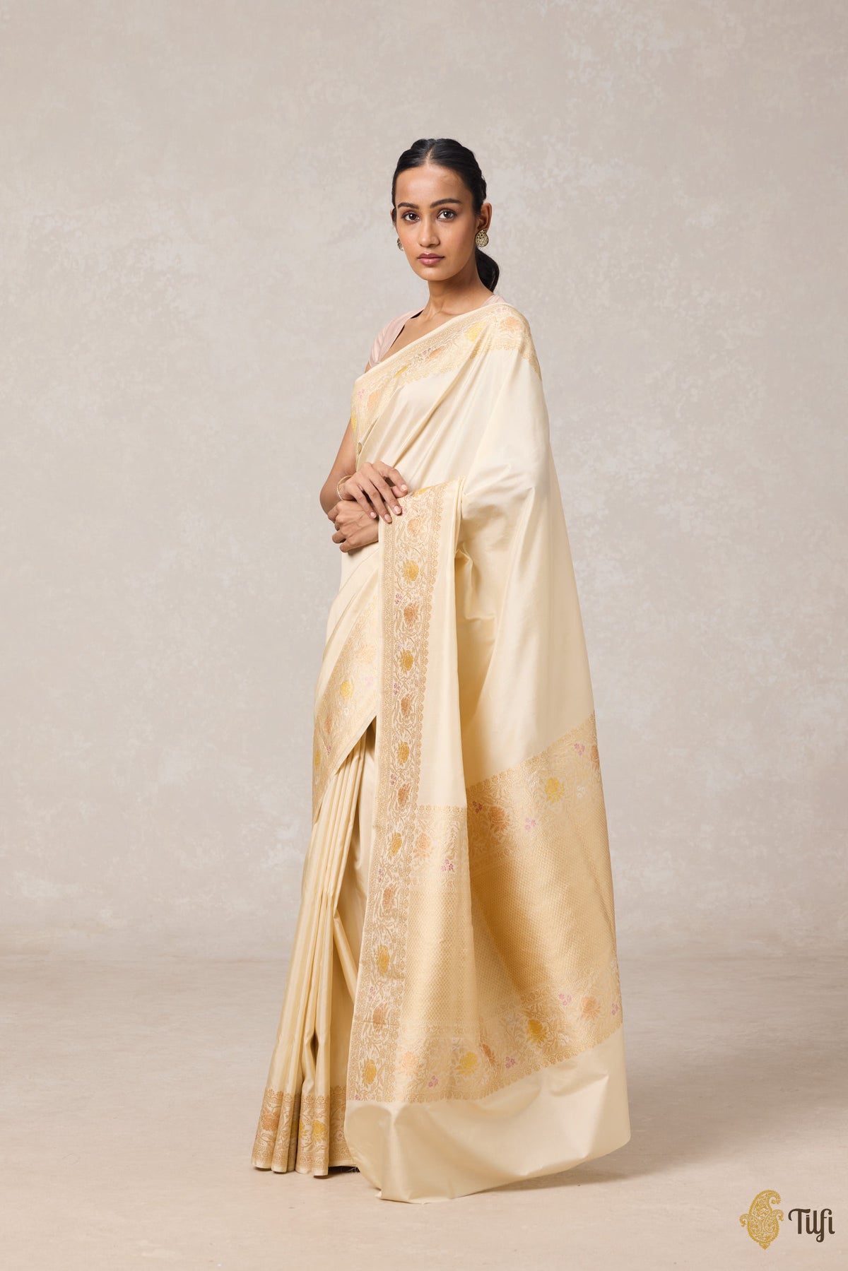 Cream Pure Katan Silk Banarasi Handloom Saree