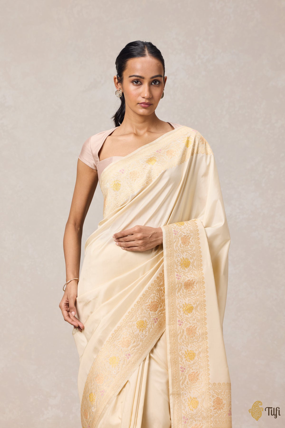 Cream Pure Katan Silk Banarasi Handloom Saree