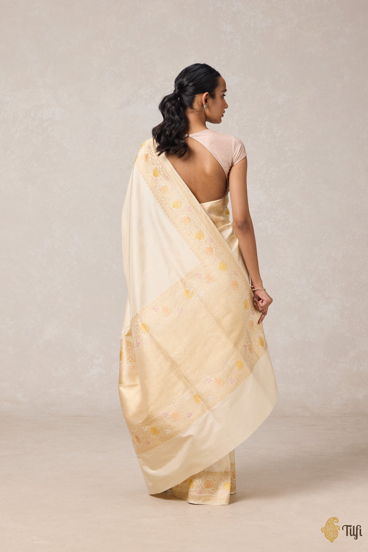 Cream Pure Katan Silk Banarasi Handloom Saree