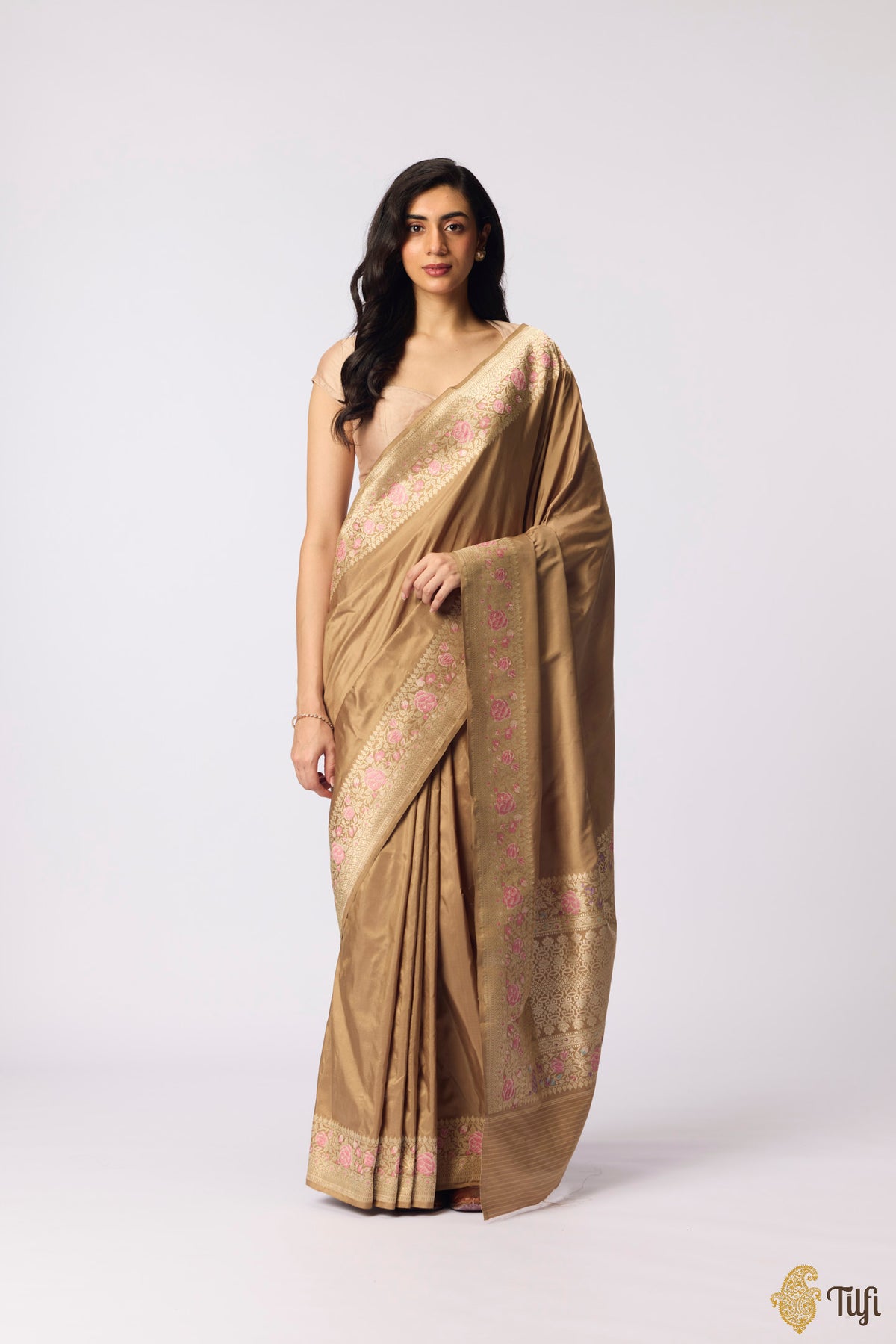 Beige Pure Katan Silk Banarasi Handloom Saree